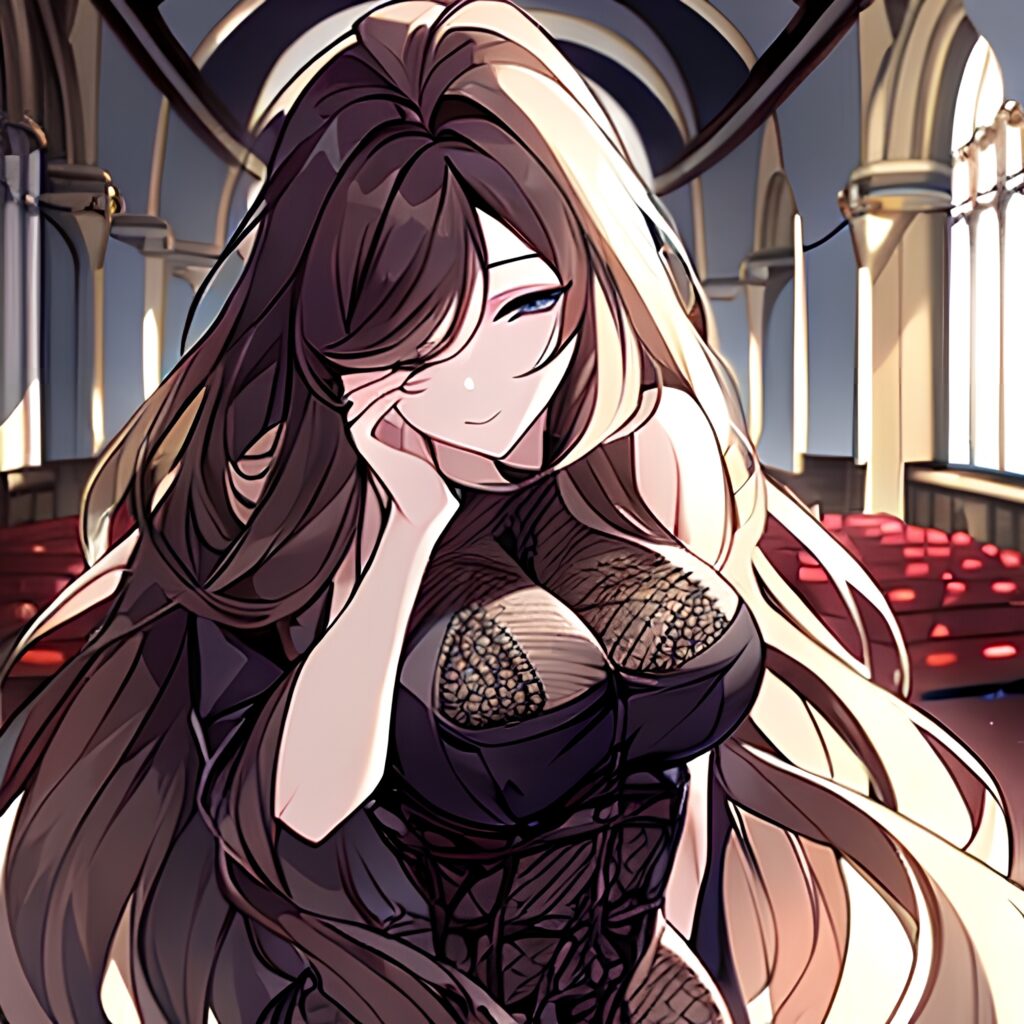 woman church fishnet messy hair long hair brunette 