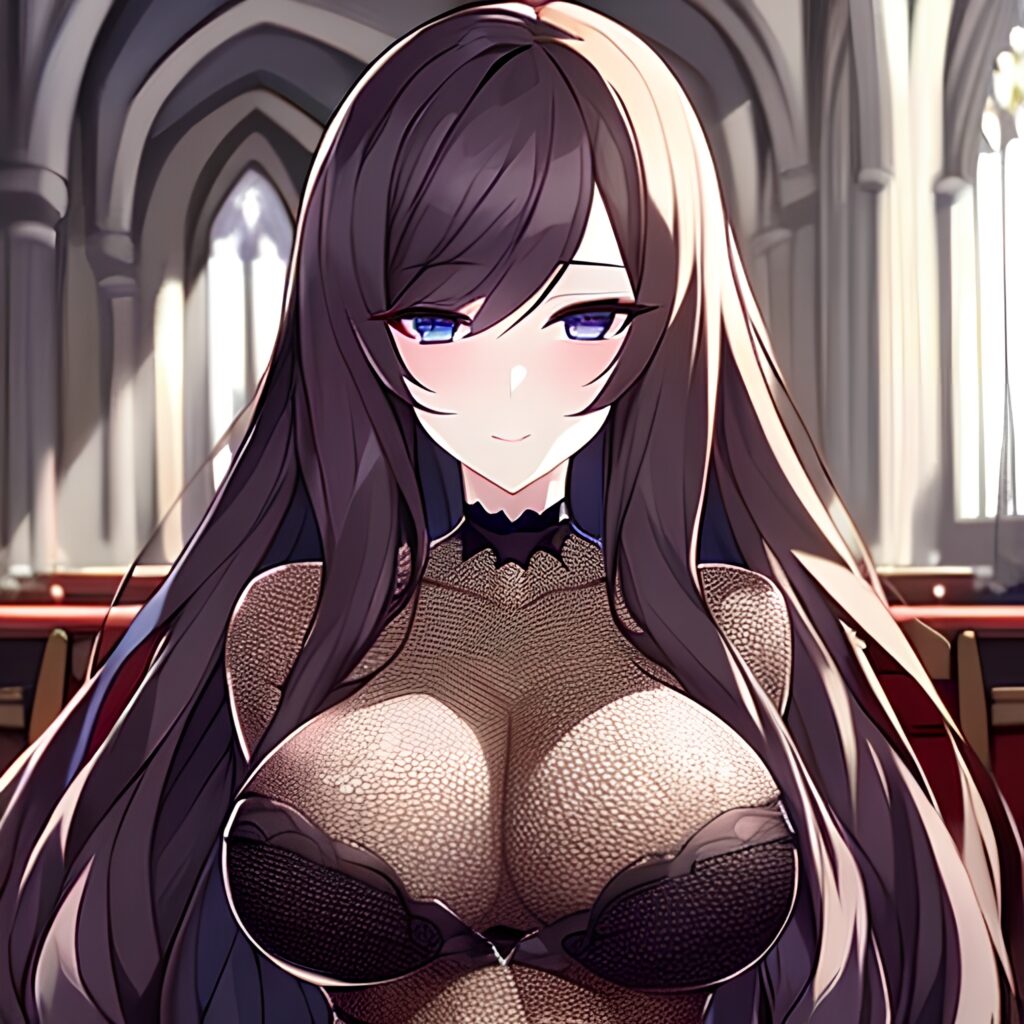 woman church fishnet messy hair long hair brunette 