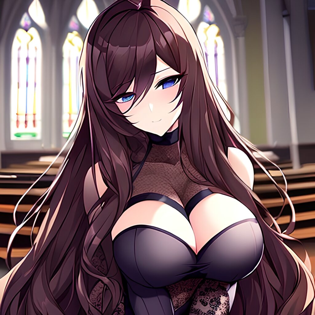 woman church fishnet messy hair long hair brunette 