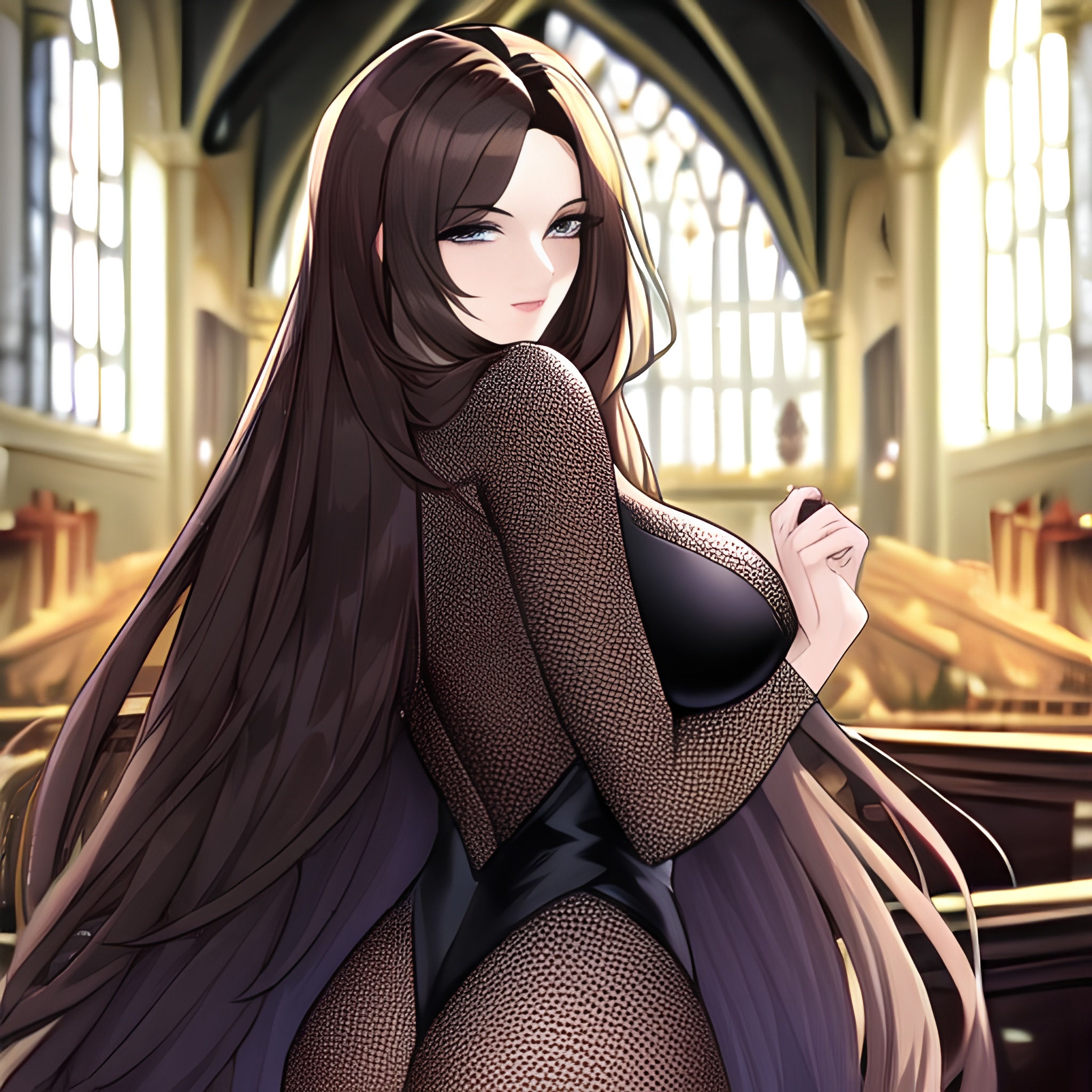 woman church fishnet messy hair long hair brunette 