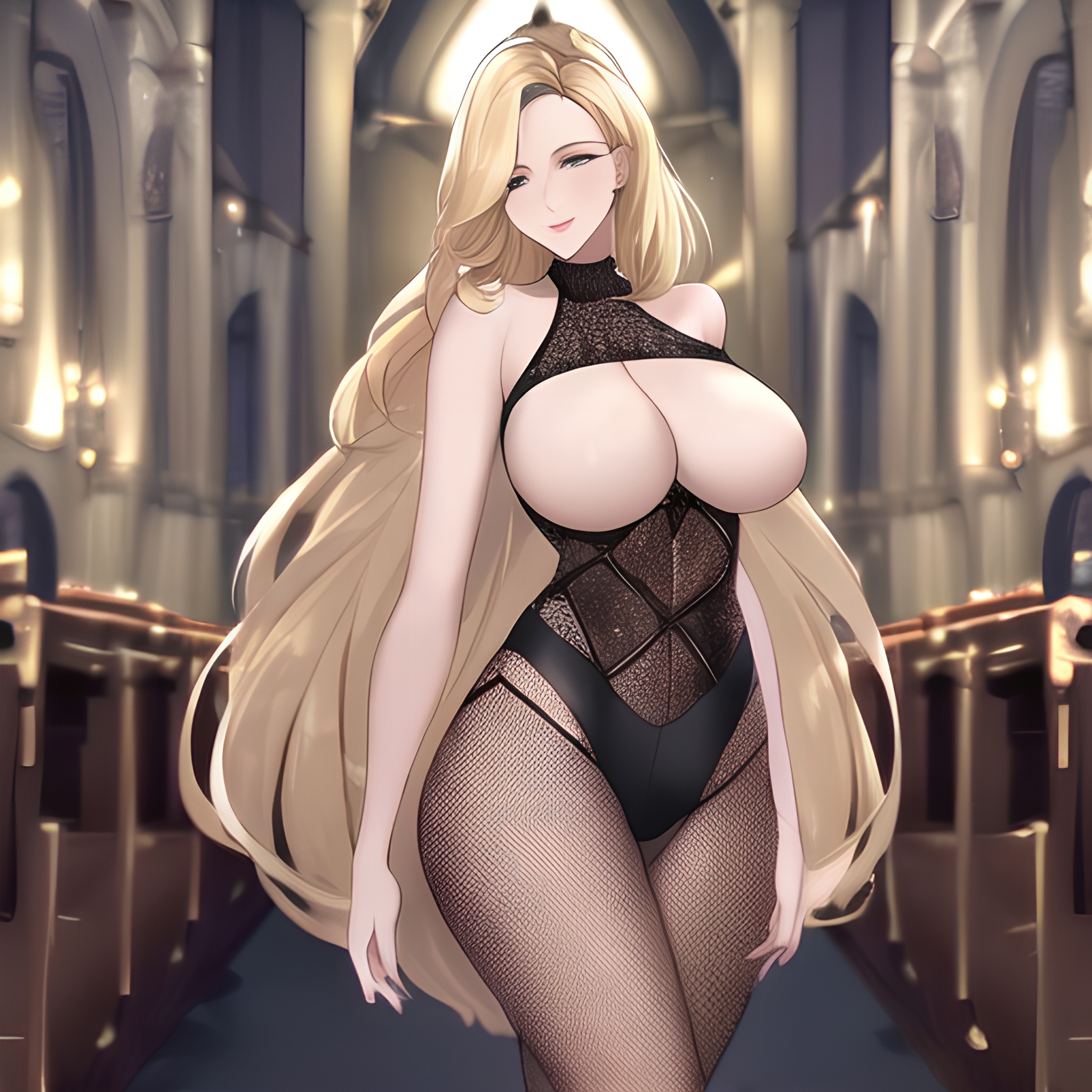 woman church front view nude blonde long hair fishnet small boobs 