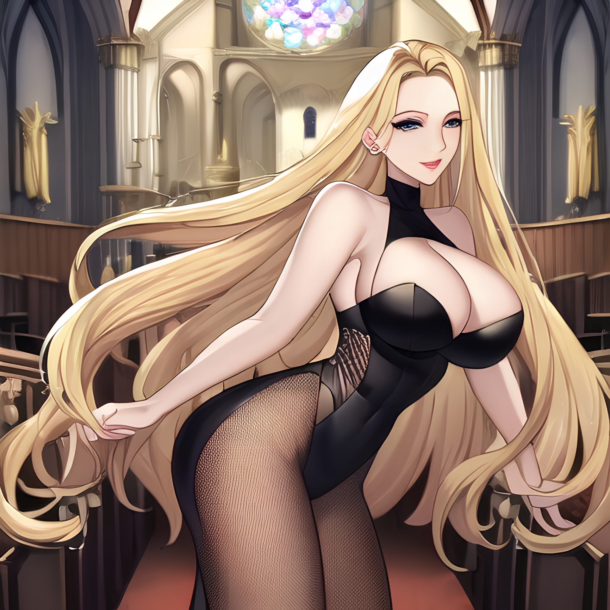 woman church front view small boobs blonde long hair fishnet nude 