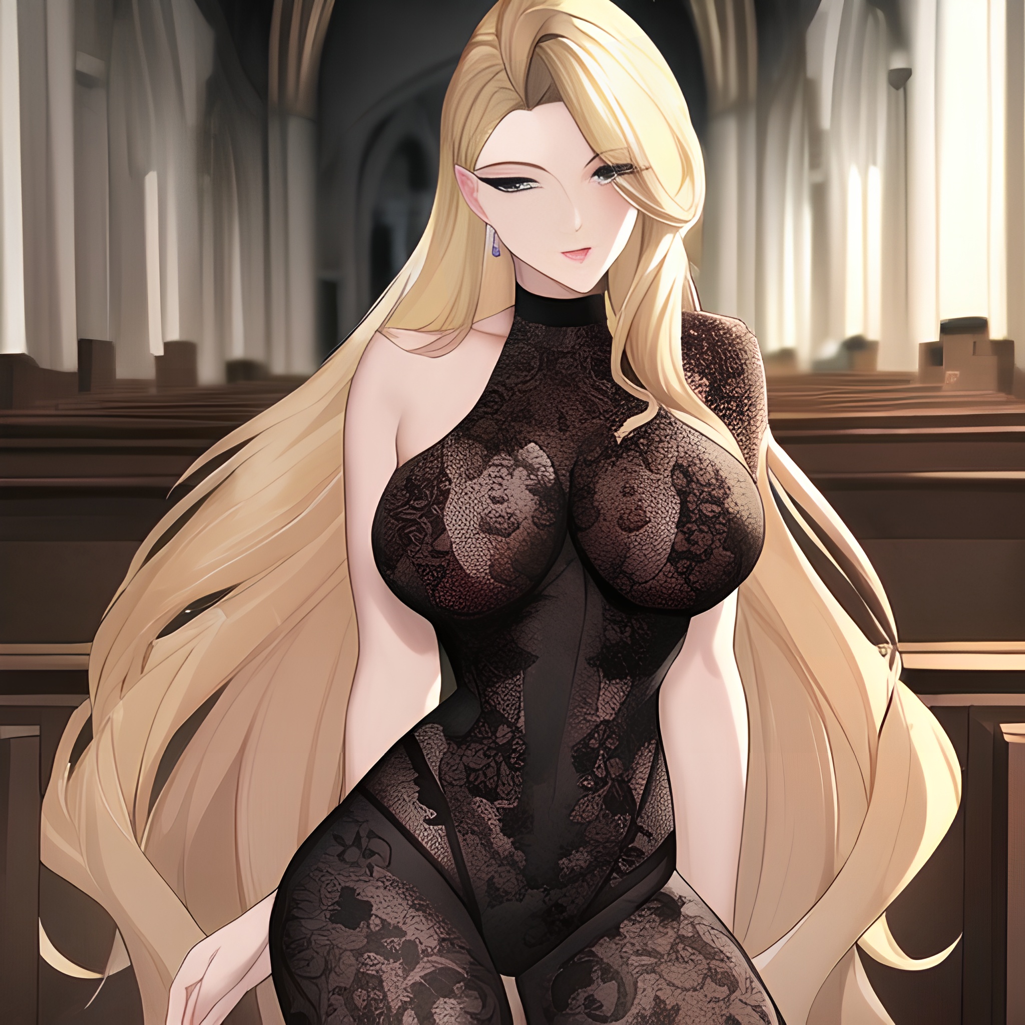 woman church front view small boobs blonde nude long hair fishnet 