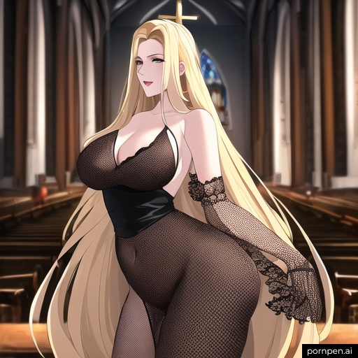 woman church front view small boobs fishnet blonde nude long hair 