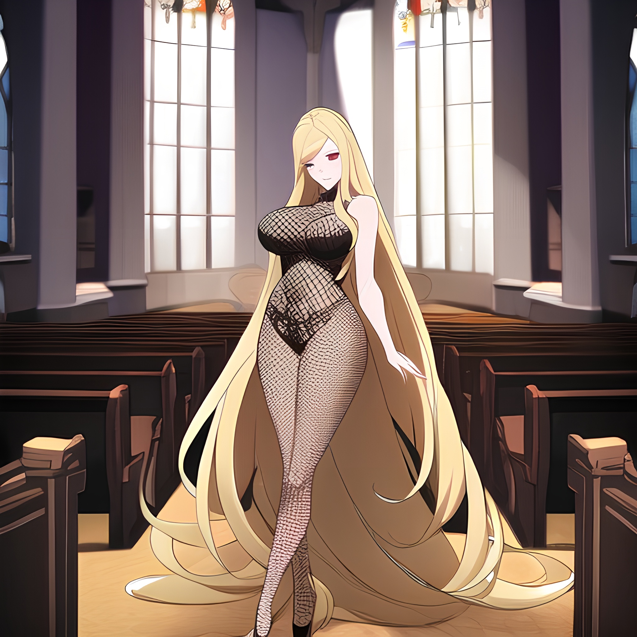 woman church long hair blonde fishnet 