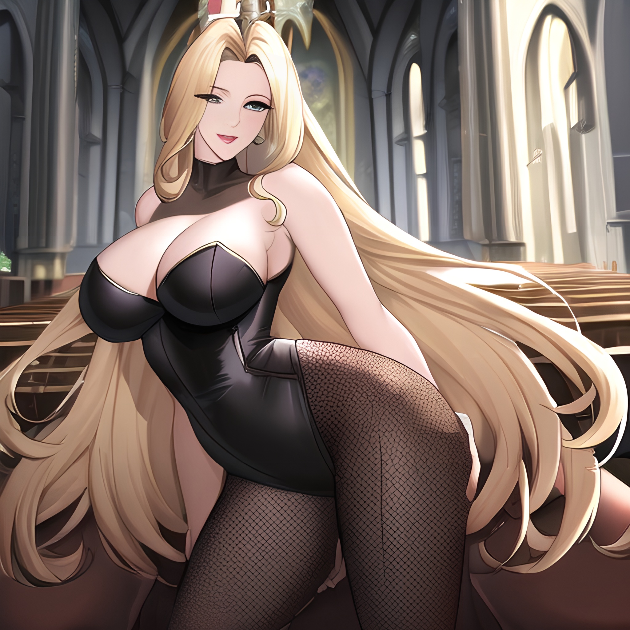woman church long hair blonde fishnet small boobs nude front view 