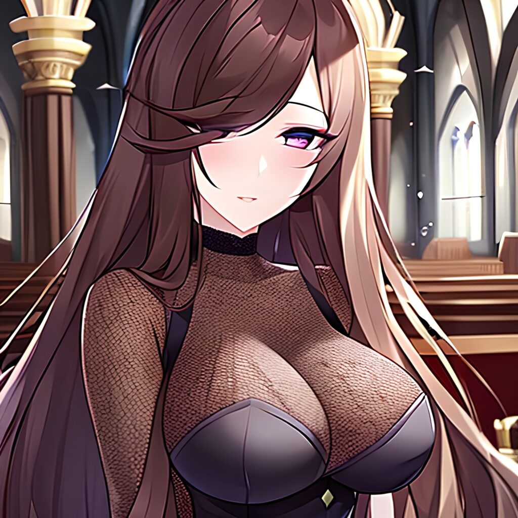 woman church long hair brunette fishnet messy hair 