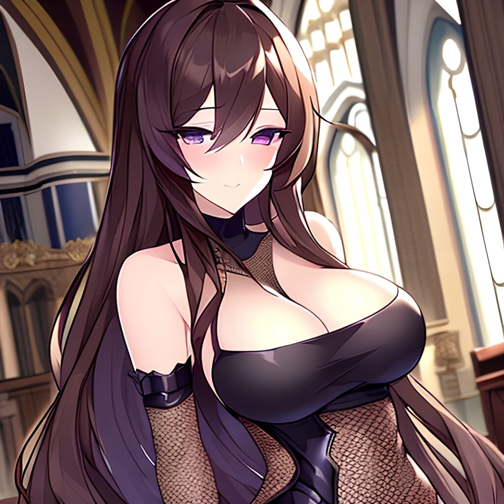 woman church long hair brunette messy hair fishnet 