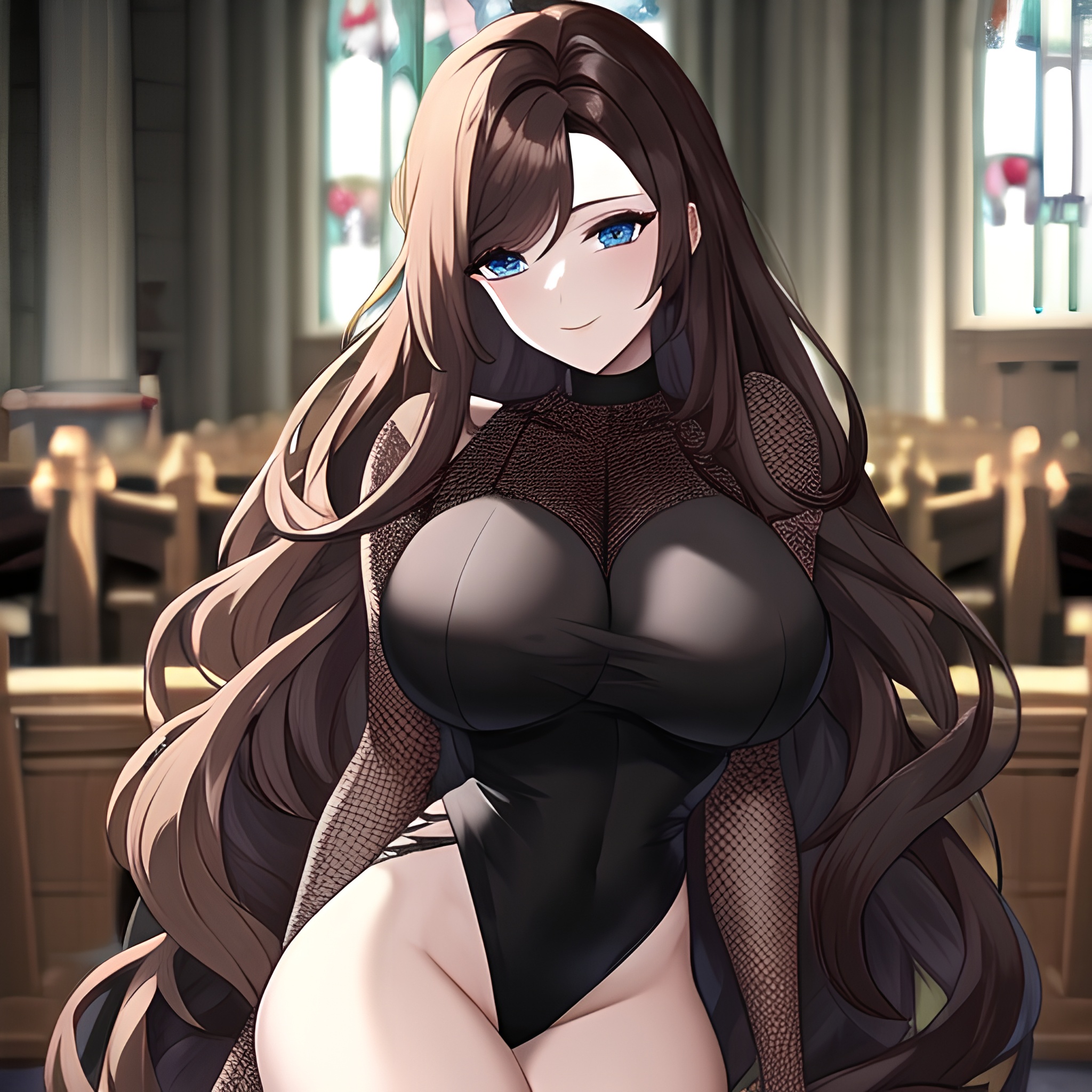 woman church long hair brunette messy hair fishnet 