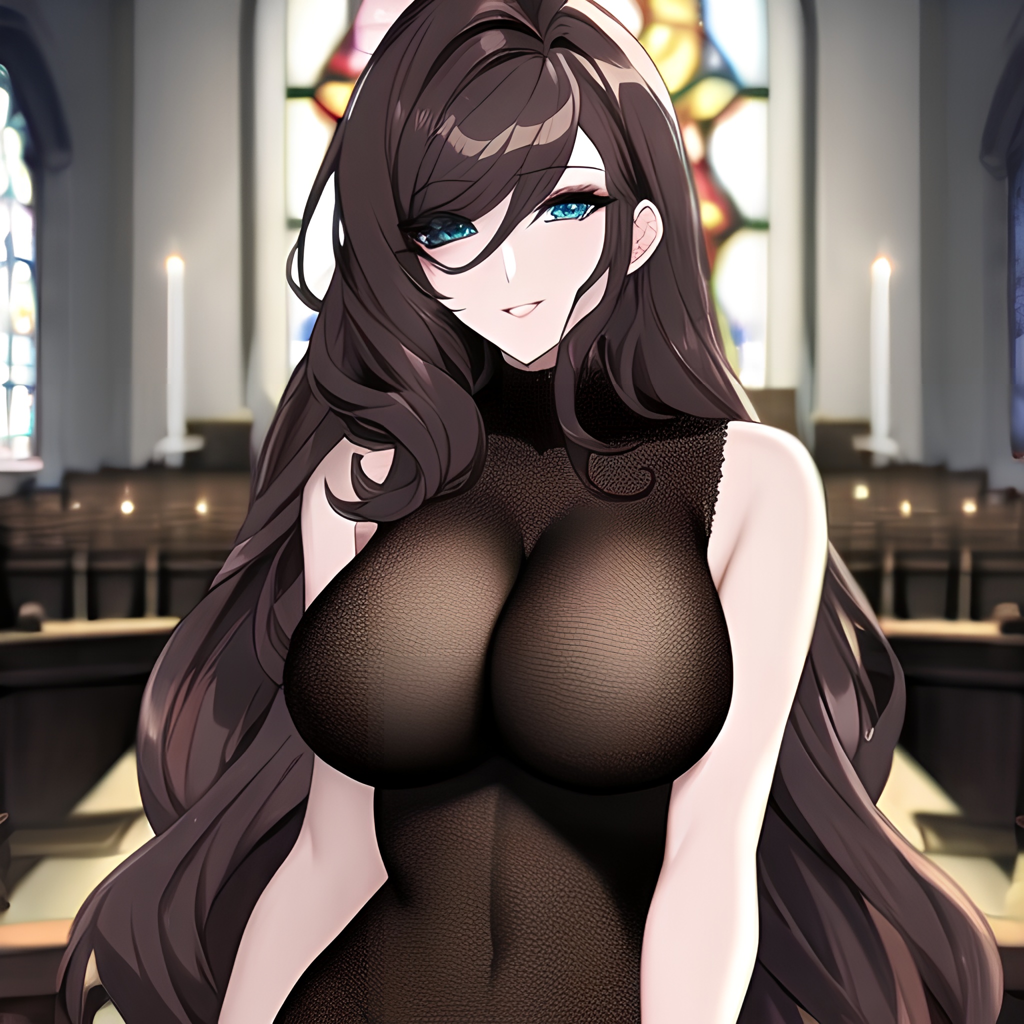 woman church long hair brunette messy hair fishnet 