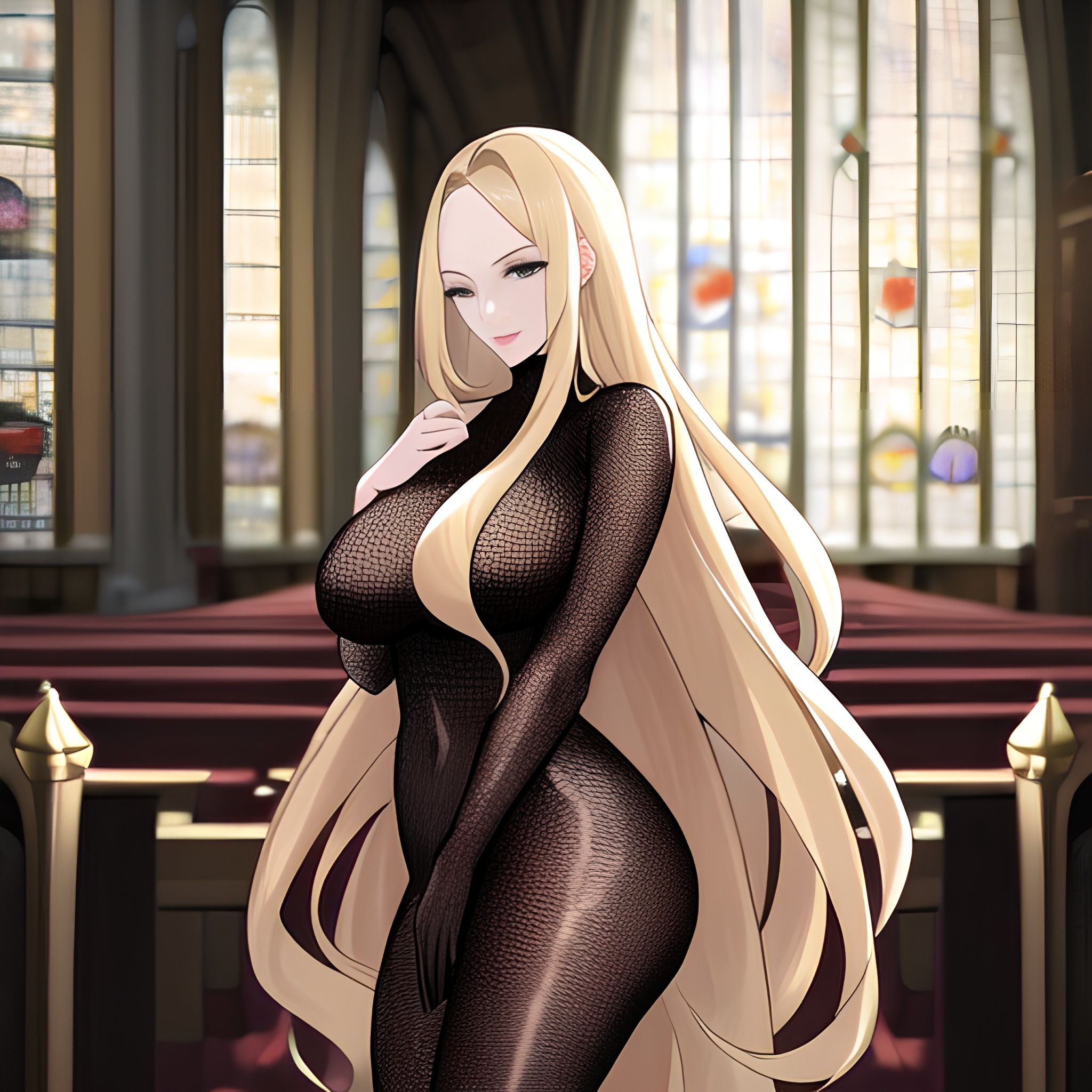 woman church long hair fishnet blonde 