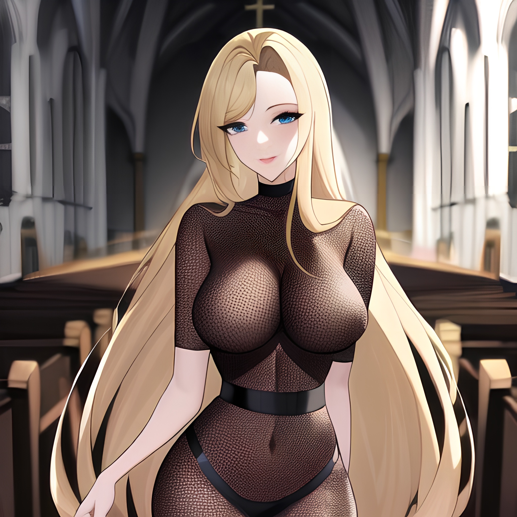 woman church long hair fishnet blonde 