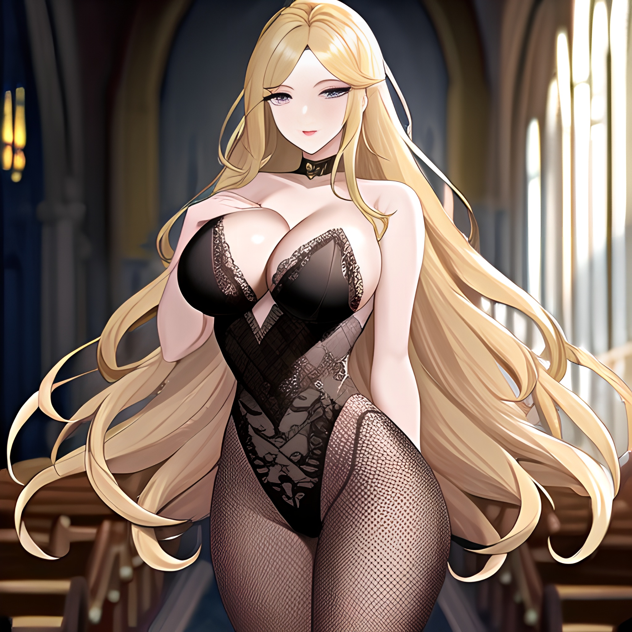 woman church long hair fishnet blonde