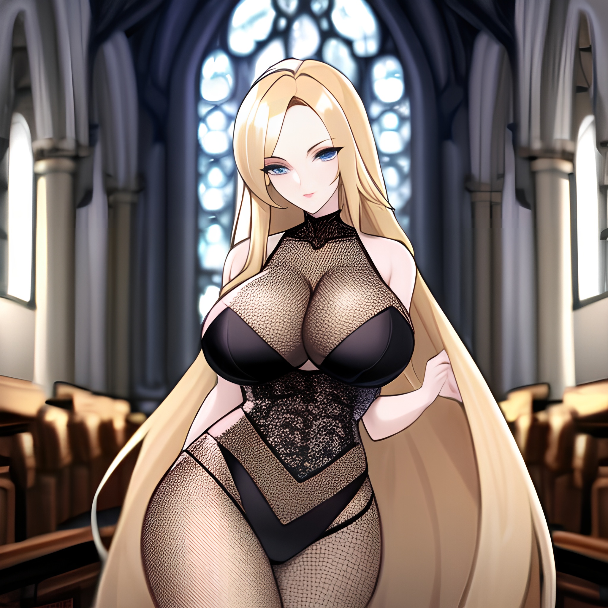 woman church long hair fishnet blonde 