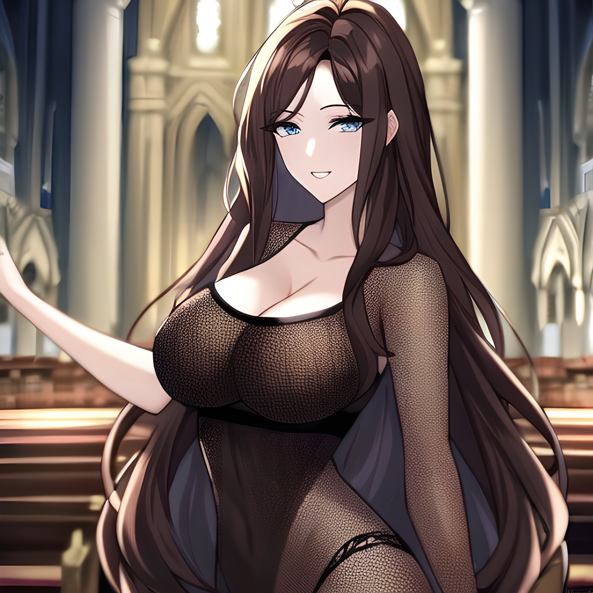 woman church long hair fishnet brunette messy hair 