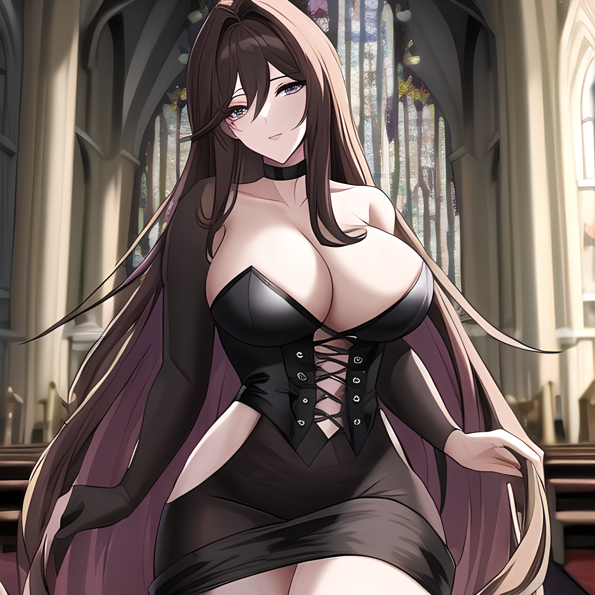 woman church long hair fishnet brunette messy hair 