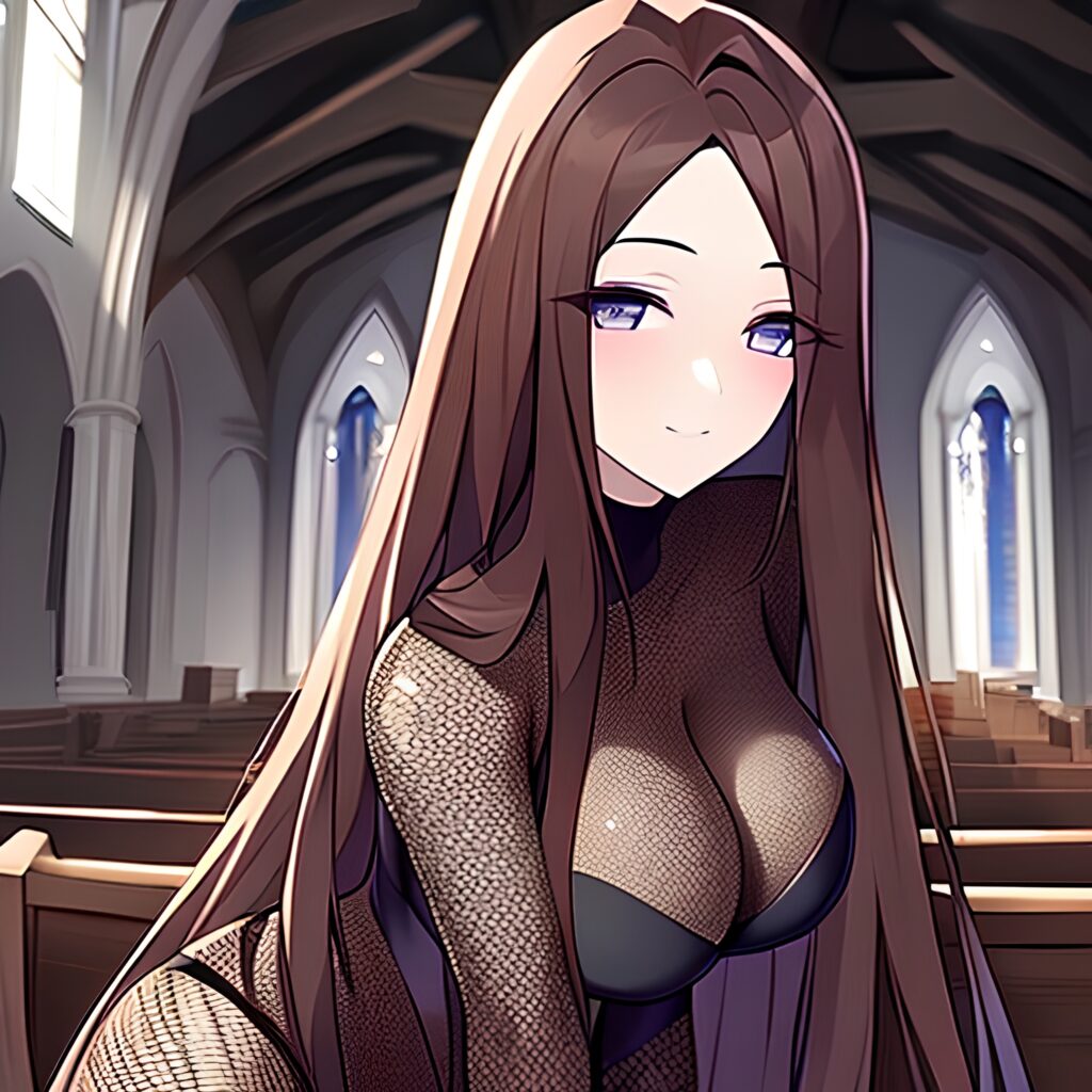 woman church long hair fishnet brunette messy hair