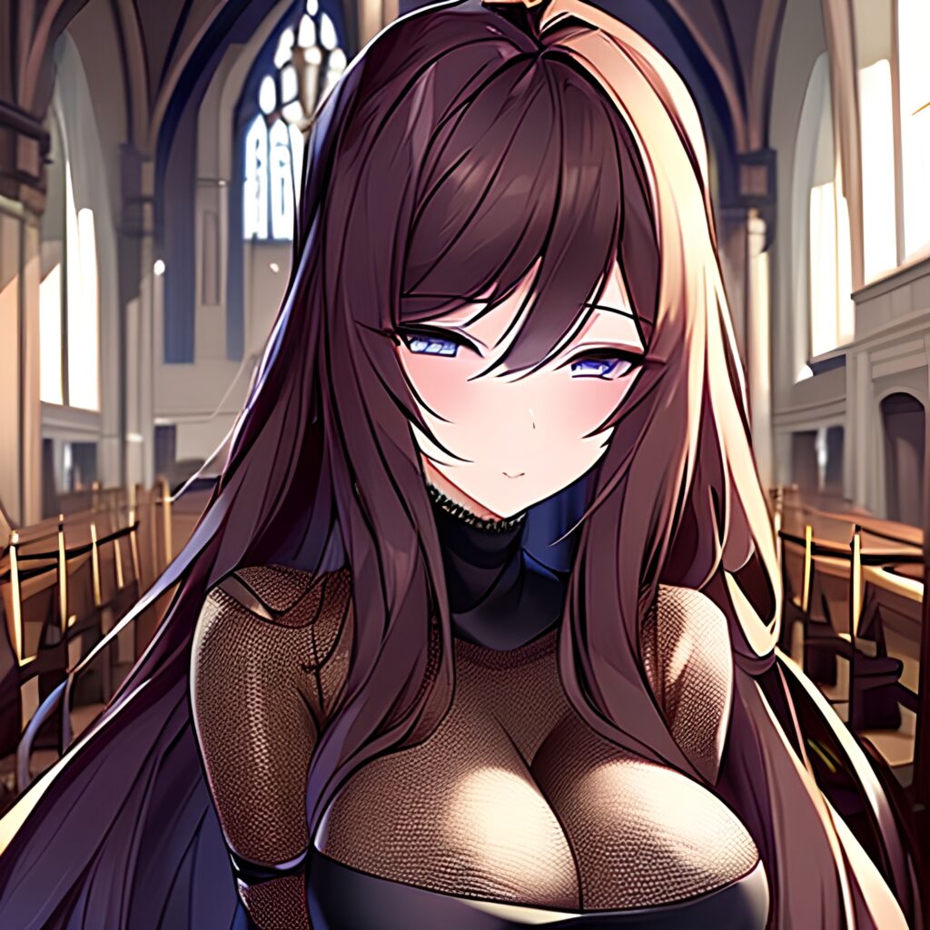 woman church long hair fishnet brunette messy hair 