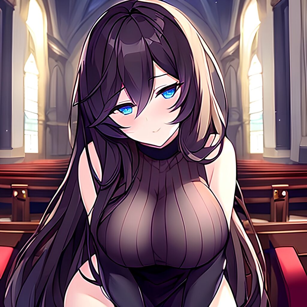 woman church long hair fishnet brunette messy hair