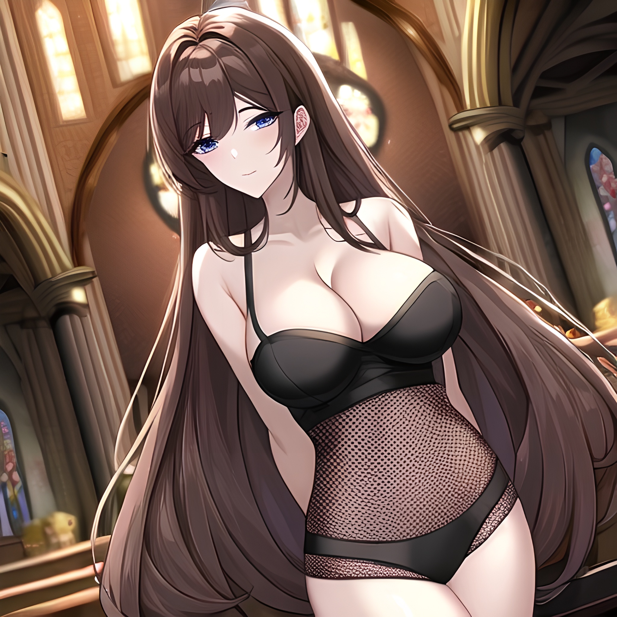 woman church long hair fishnet brunette messy hair