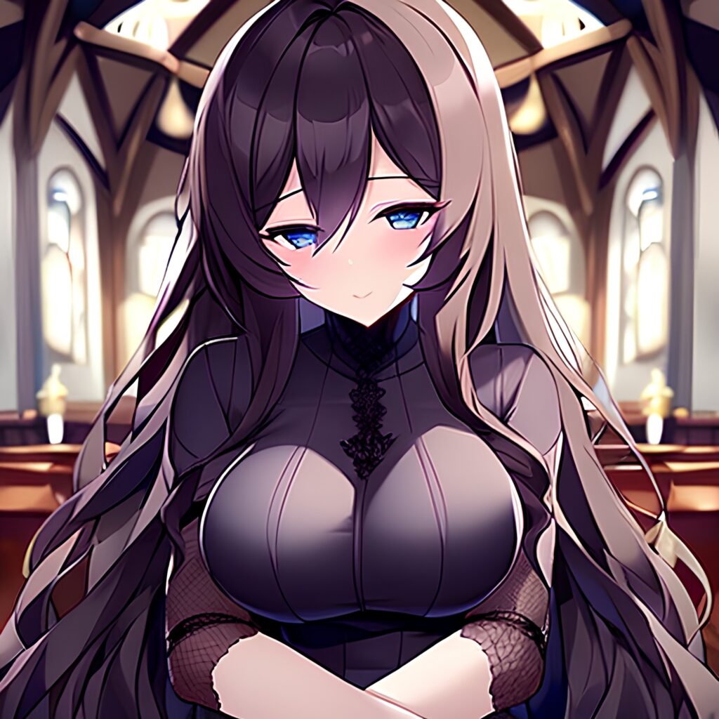 woman church long hair fishnet messy hair brunette