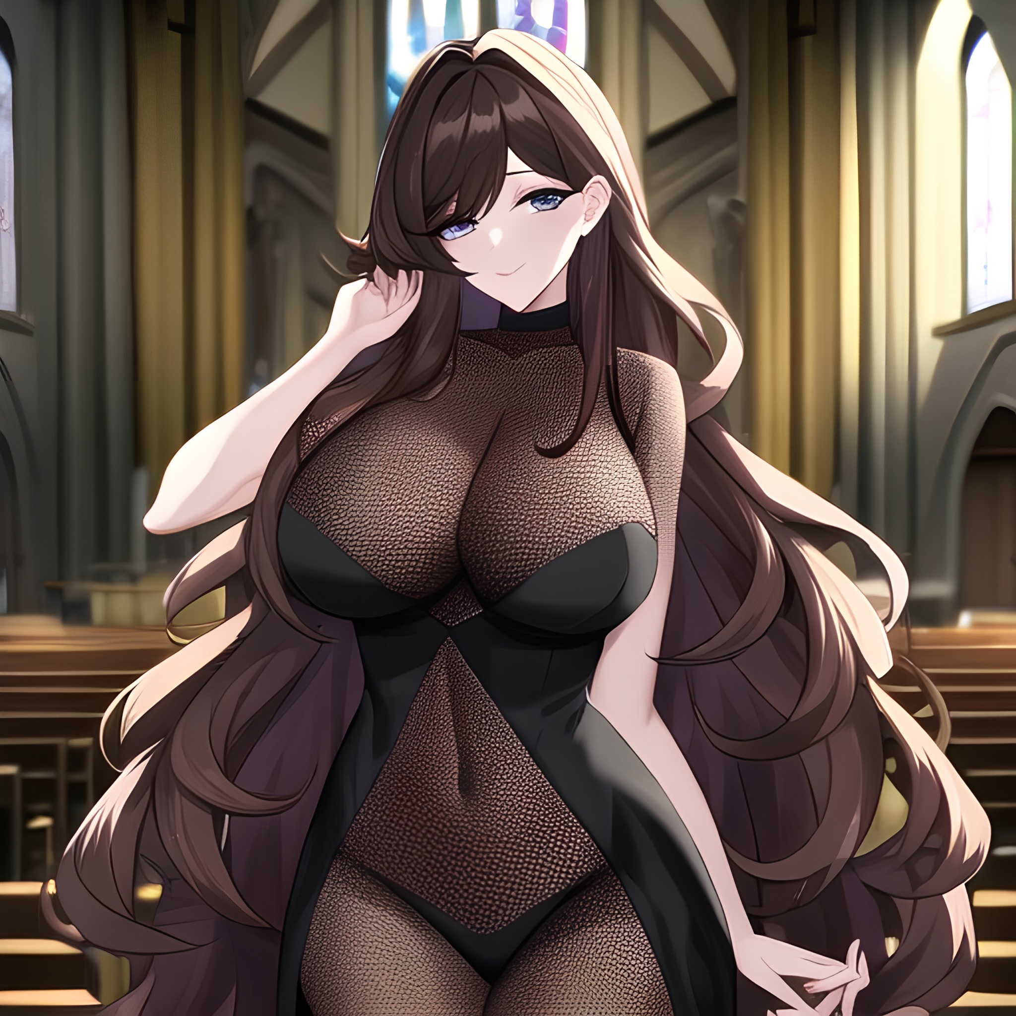 woman church long hair fishnet messy hair brunette 