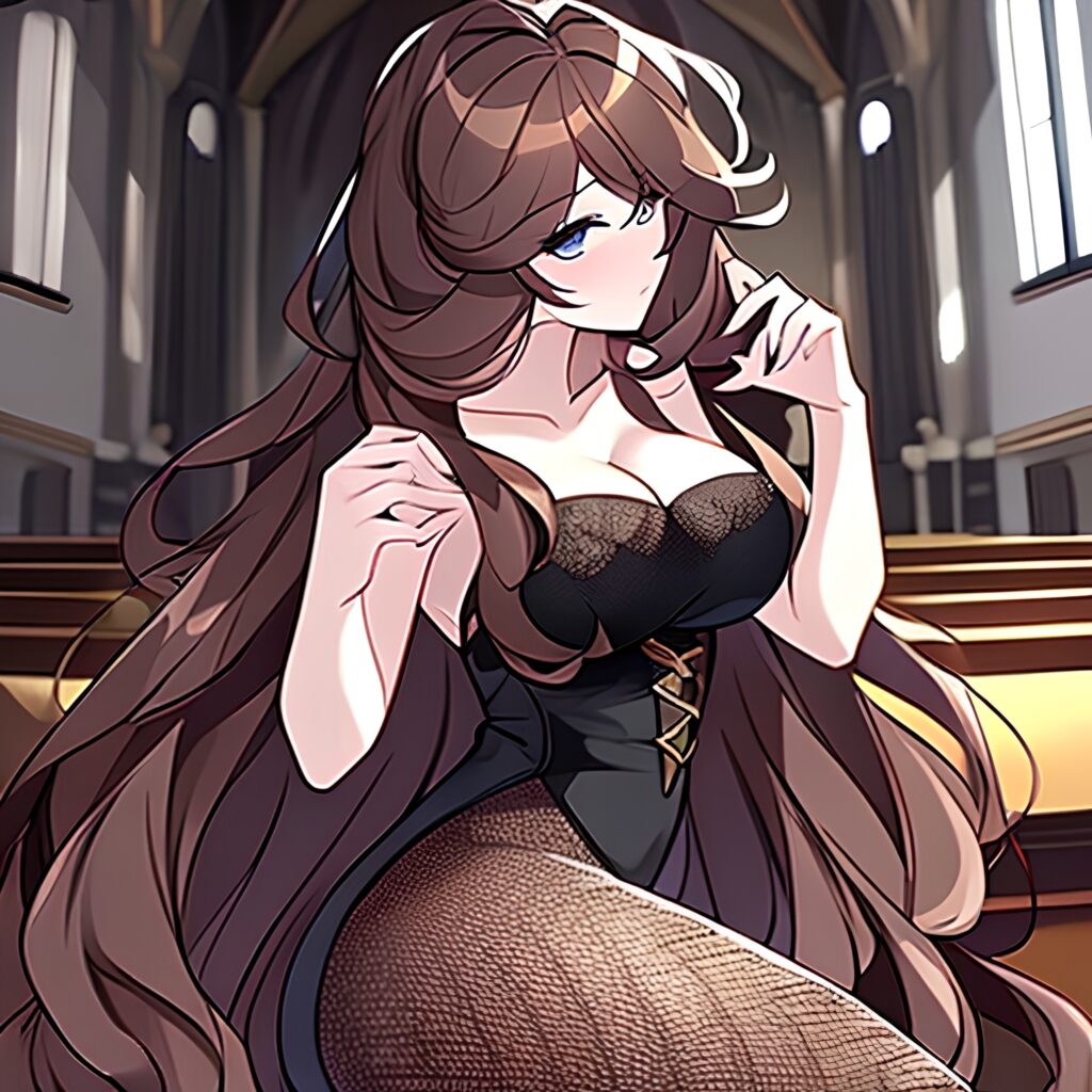 woman church long hair fishnet messy hair brunette 