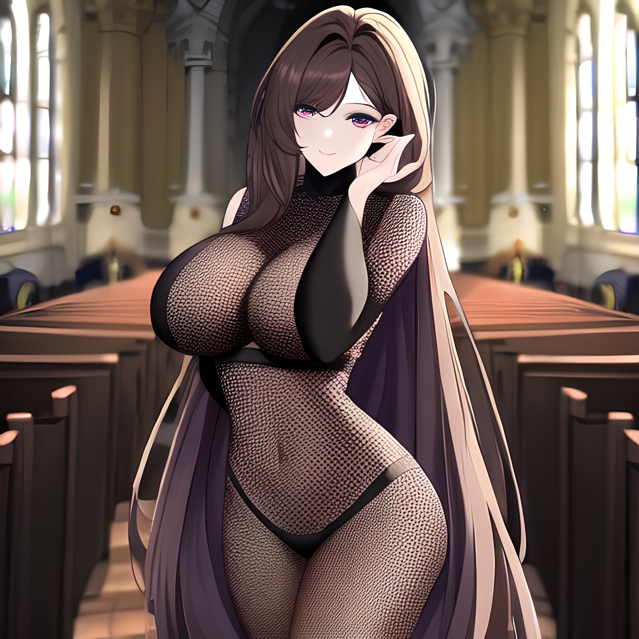 woman church long hair fishnet messy hair brunette