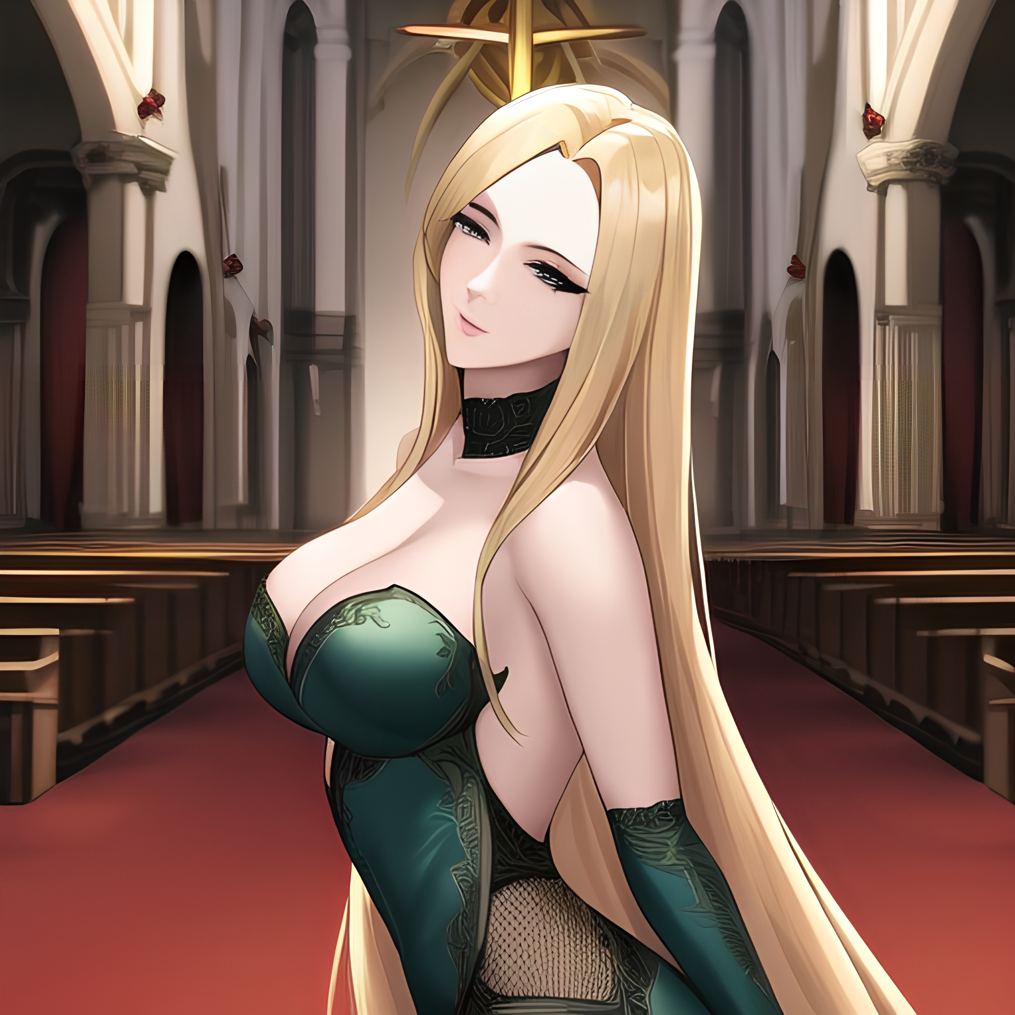 woman church long hair front view small boobs blonde nude fishnet 