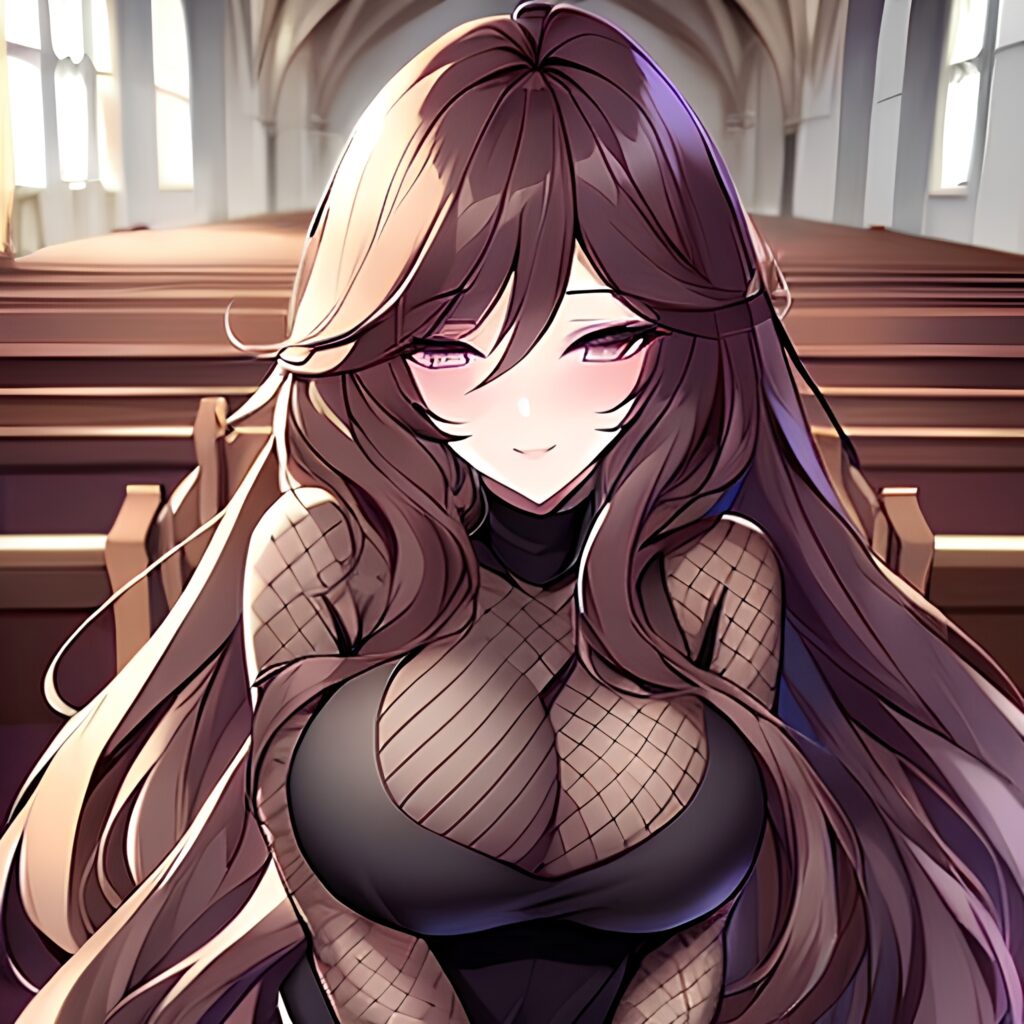 woman church long hair messy hair brunette fishnet 