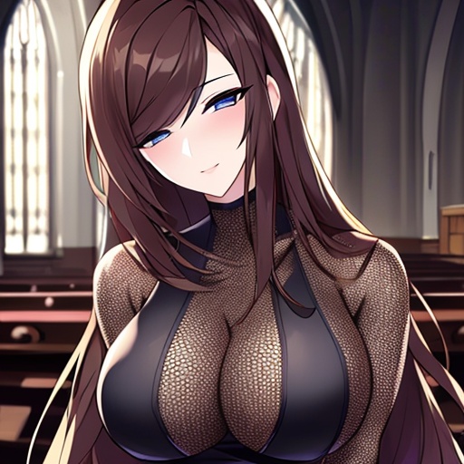 woman church long hair messy hair brunette fishnet 