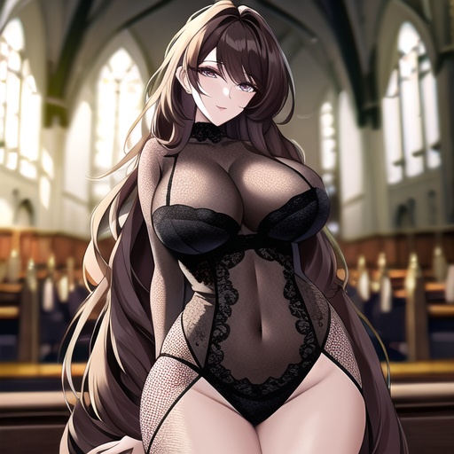 woman church long hair messy hair brunette fishnet 