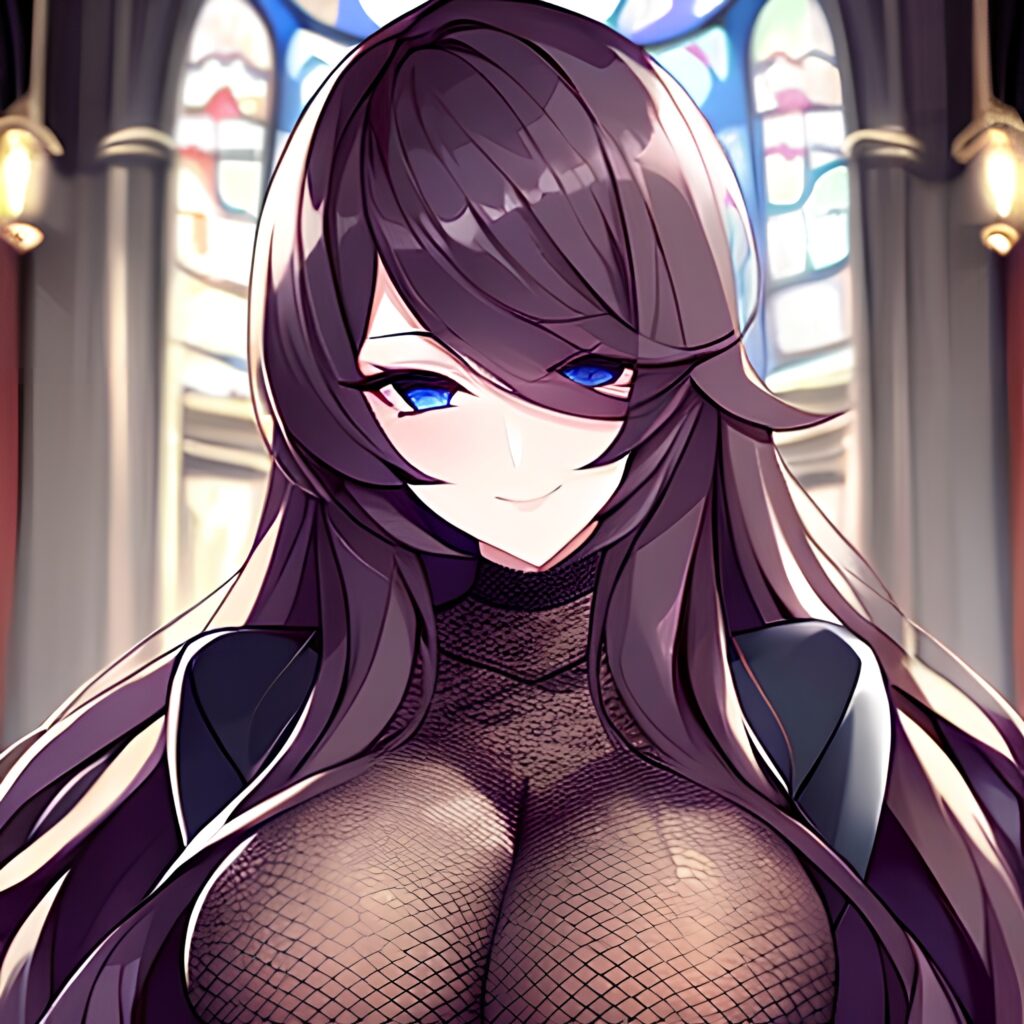 woman church long hair messy hair brunette fishnet 