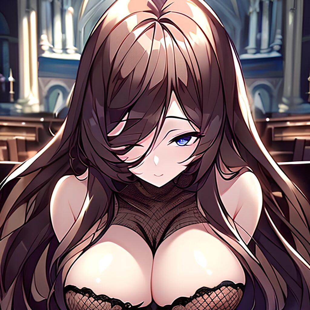 woman church long hair messy hair brunette fishnet 