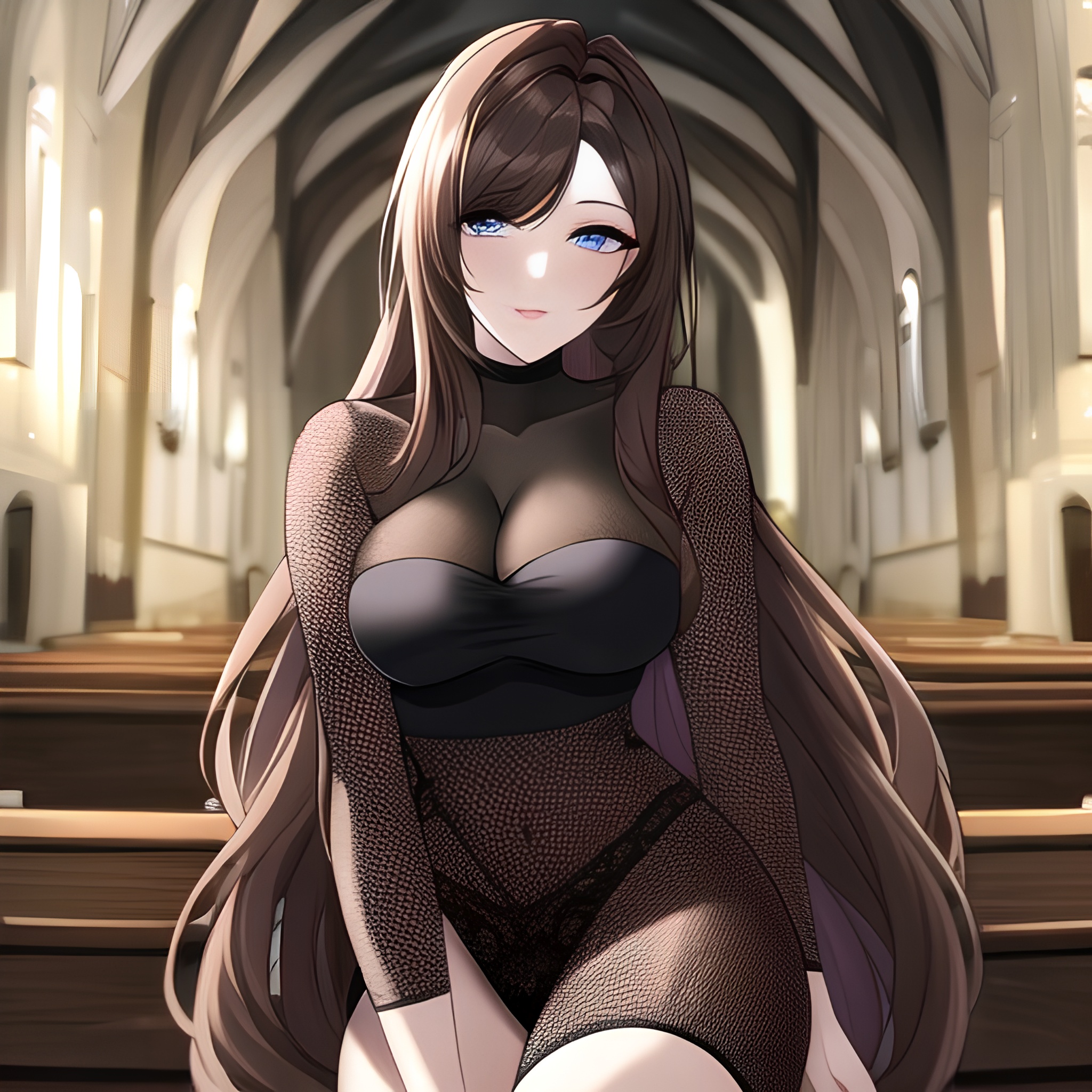 woman church long hair messy hair brunette fishnet 