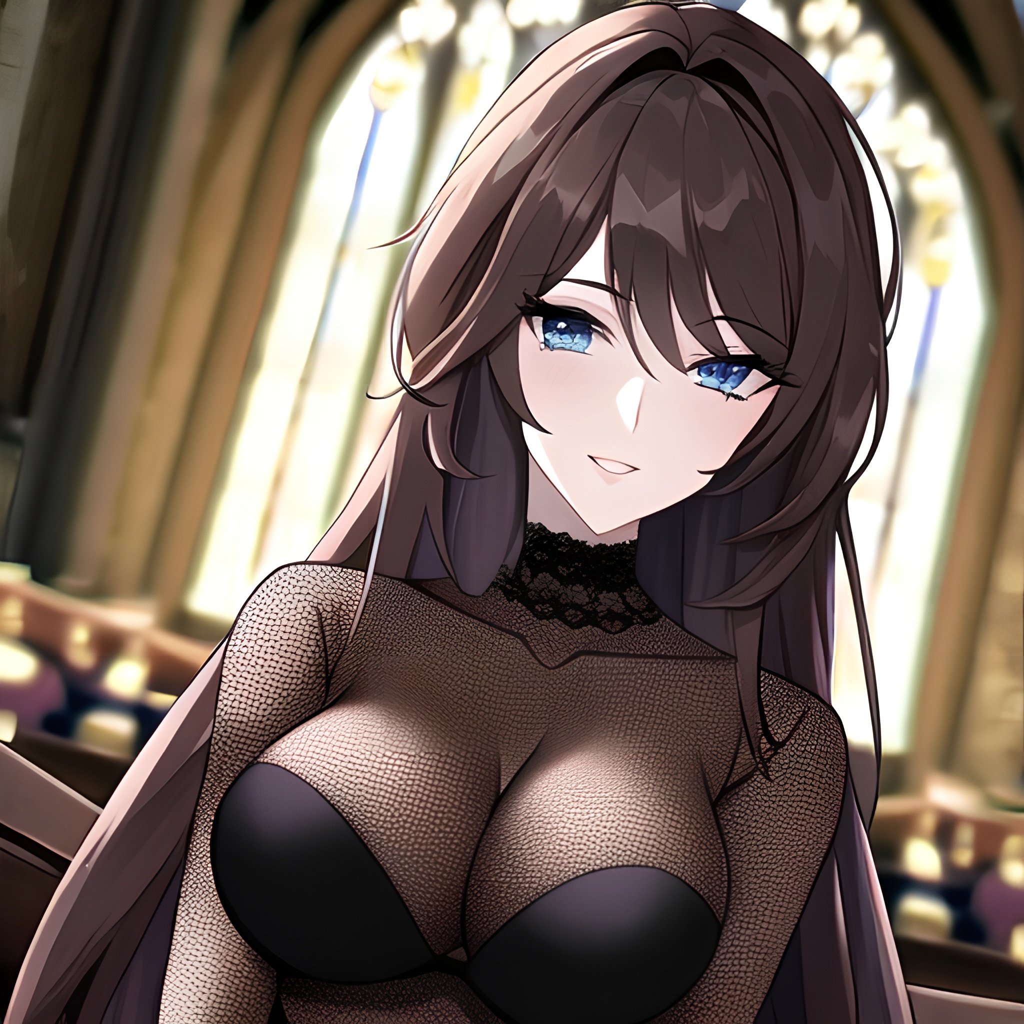 woman church long hair messy hair fishnet brunette 