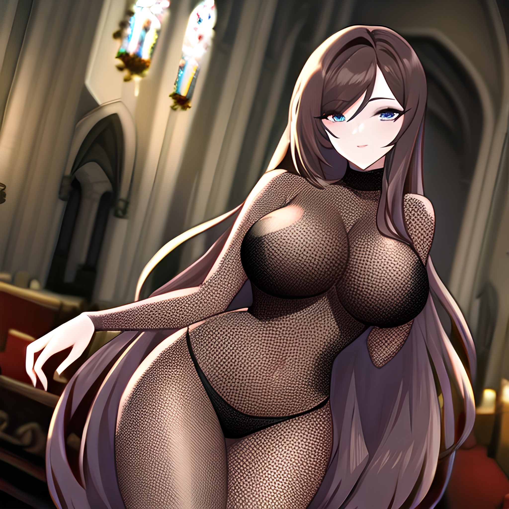 woman church long hair messy hair fishnet brunette 