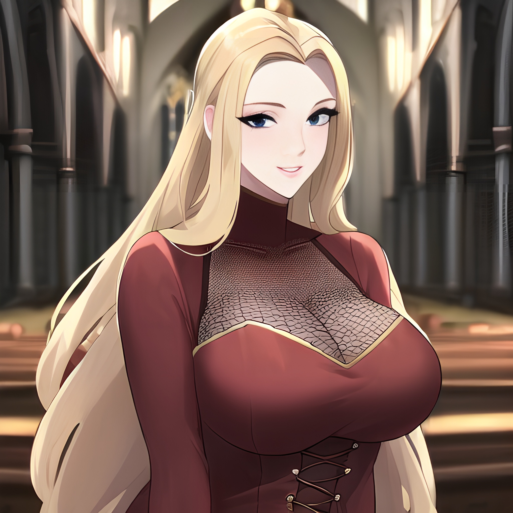 woman church long hair small boobs front view blonde nude fishnet 