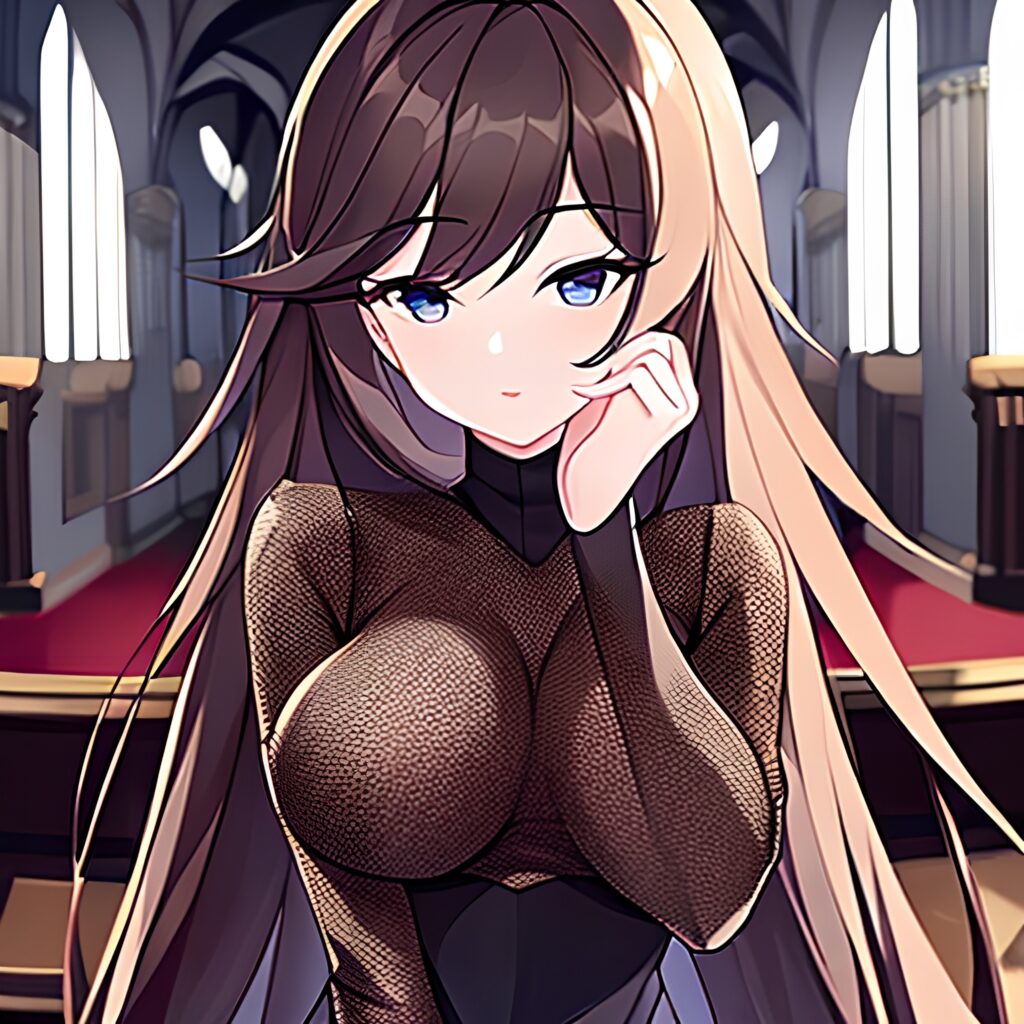 woman church messy hair brunette fishnet long hair 