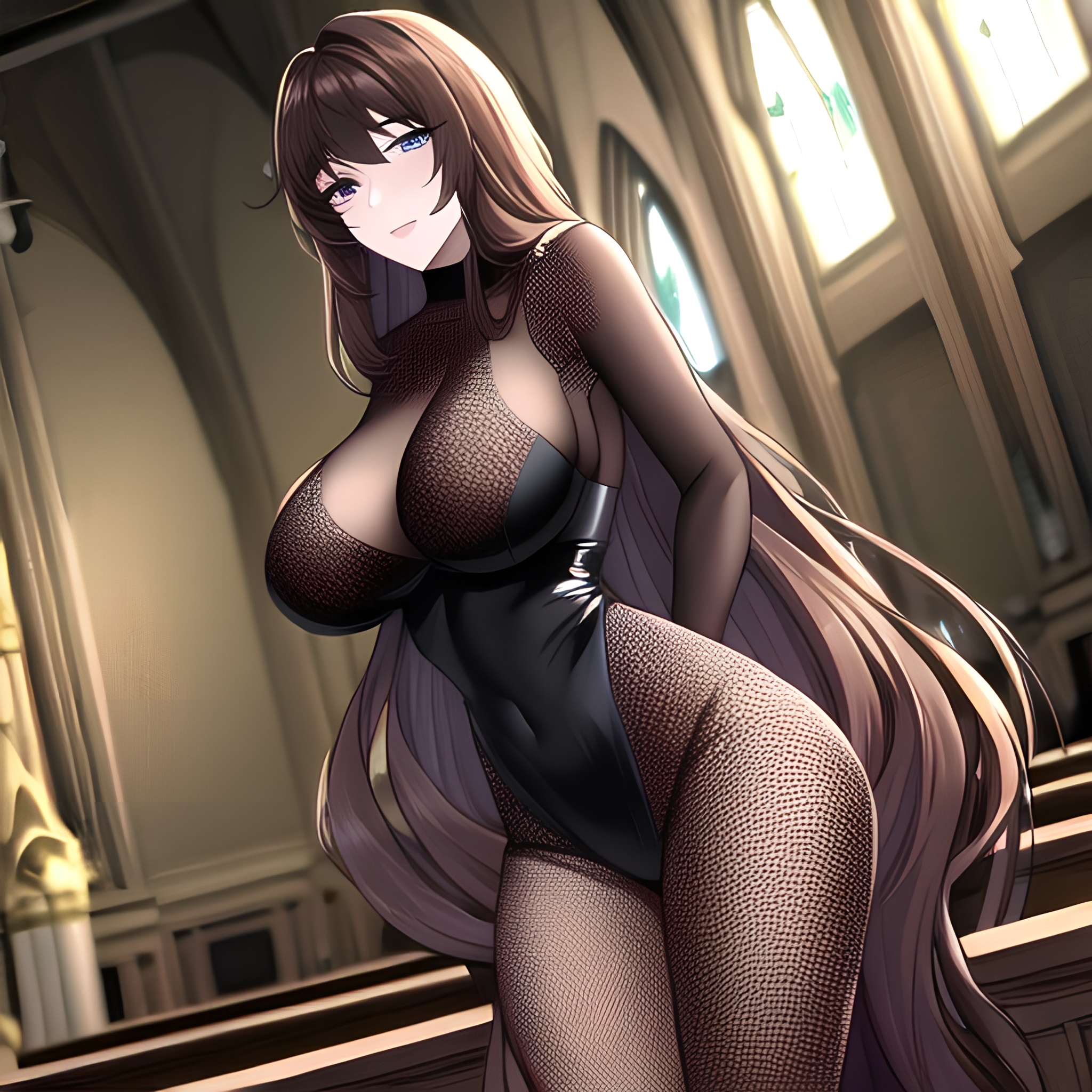 woman church messy hair brunette fishnet long hair