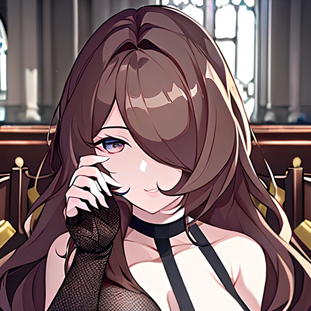 woman church messy hair brunette fishnet long hair 