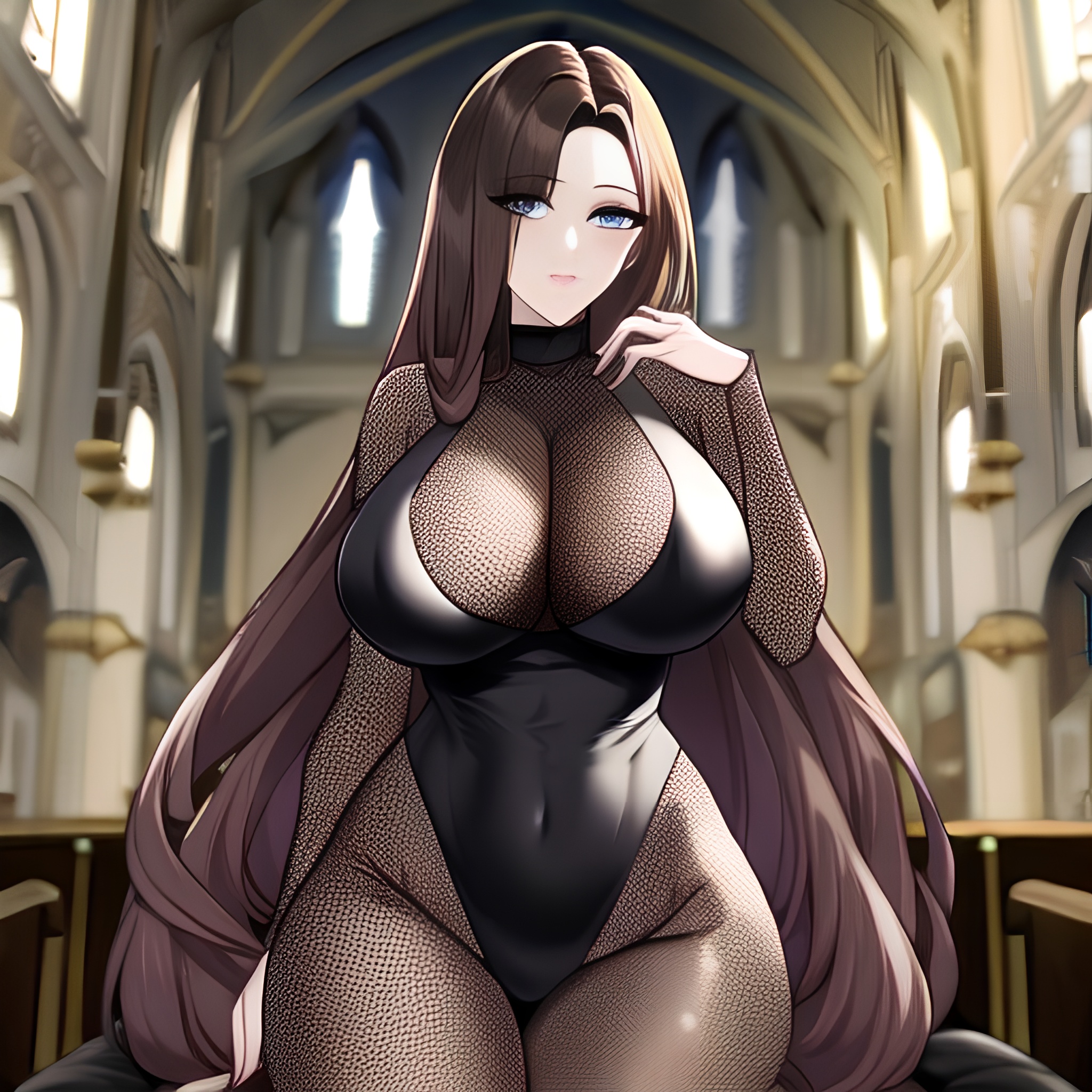 woman church messy hair brunette long hair fishnet 