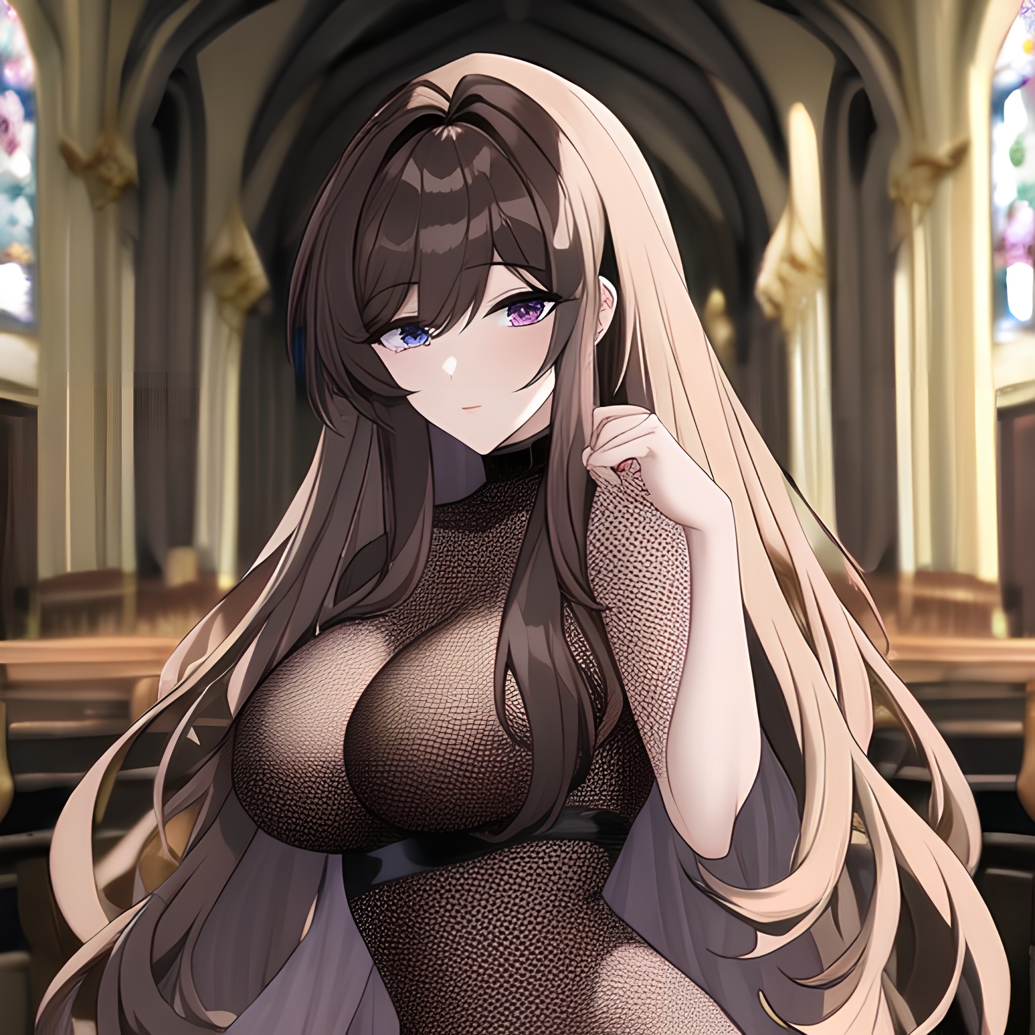 woman church messy hair brunette long hair fishnet 