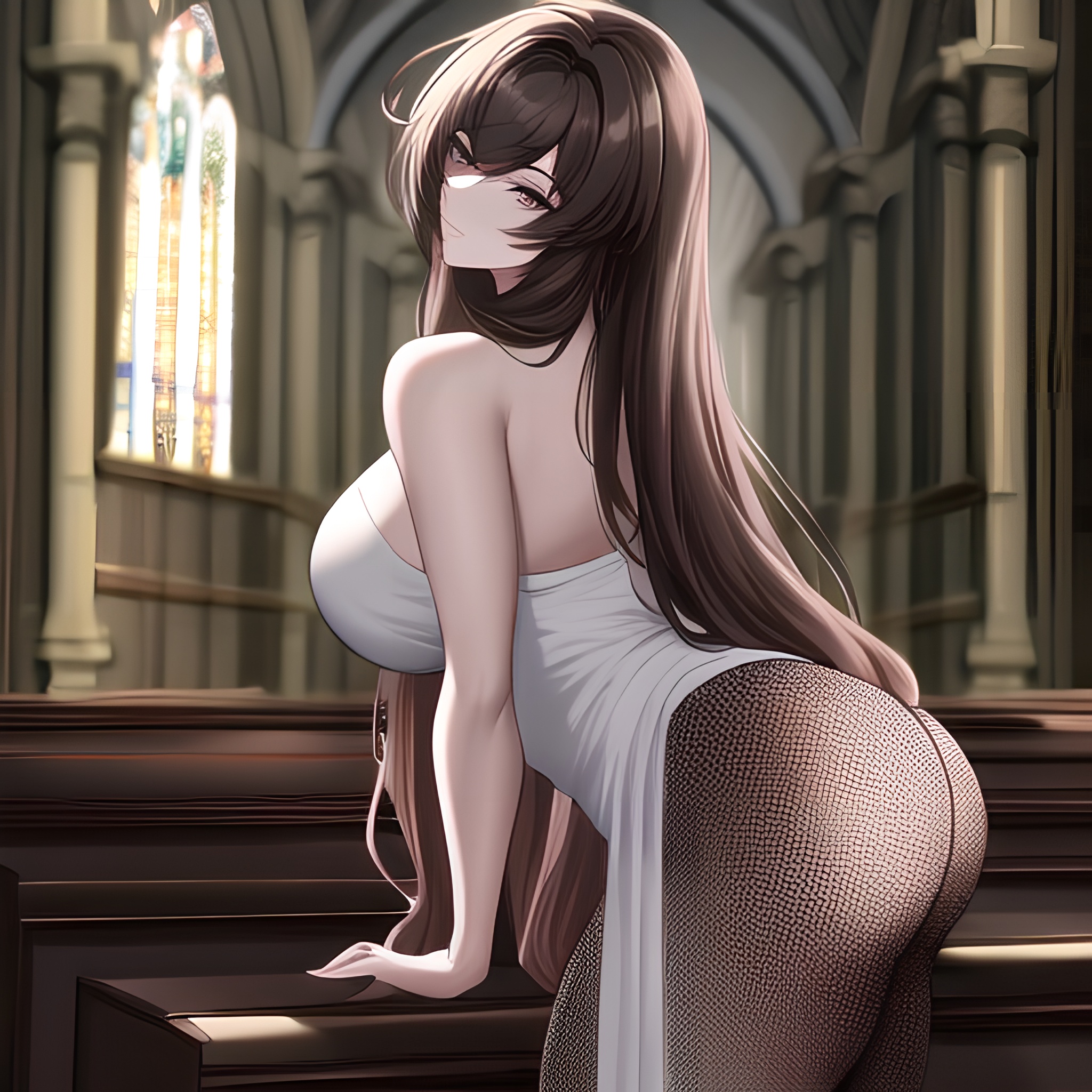 woman church messy hair brunette long hair fishnet 