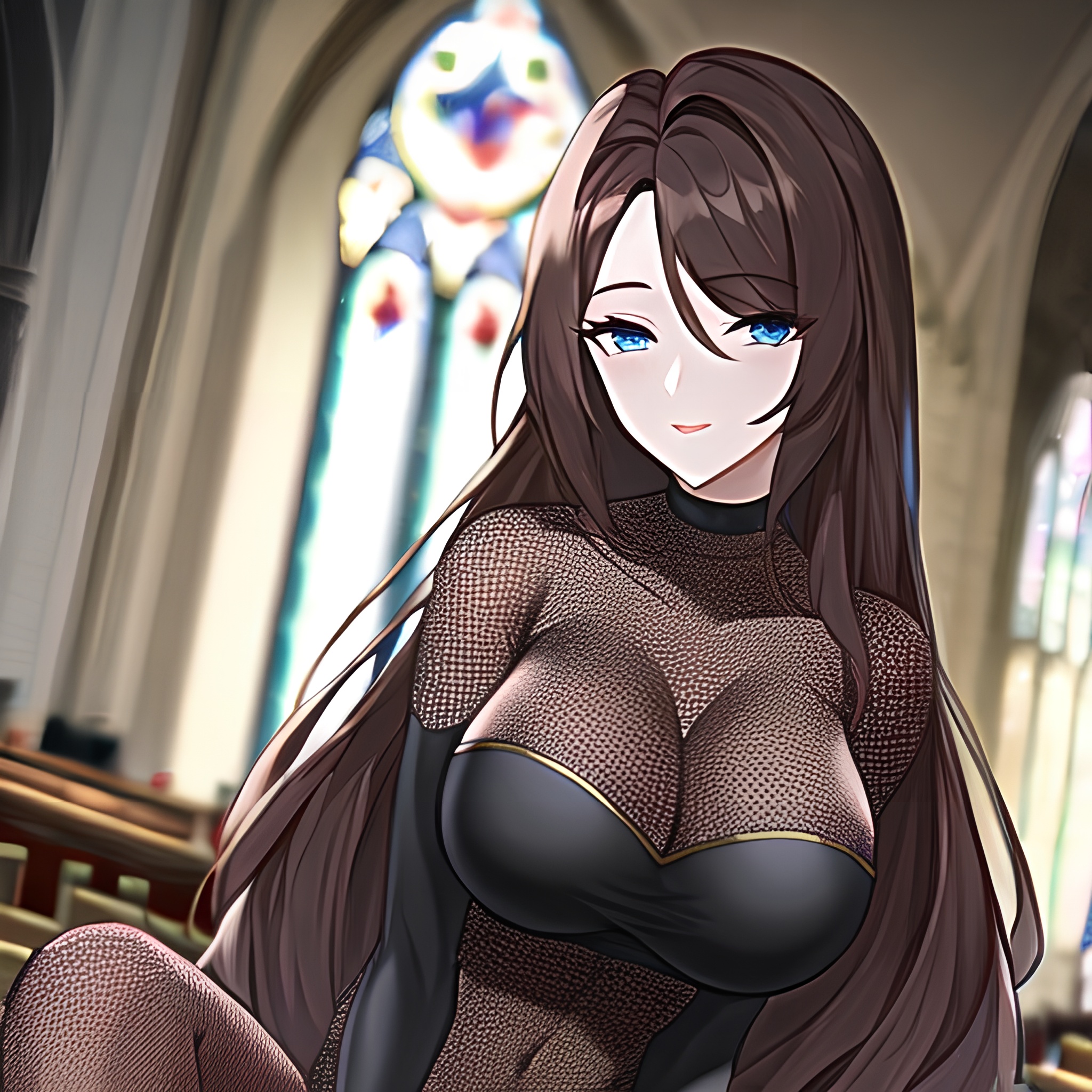 woman church messy hair fishnet brunette long hair 