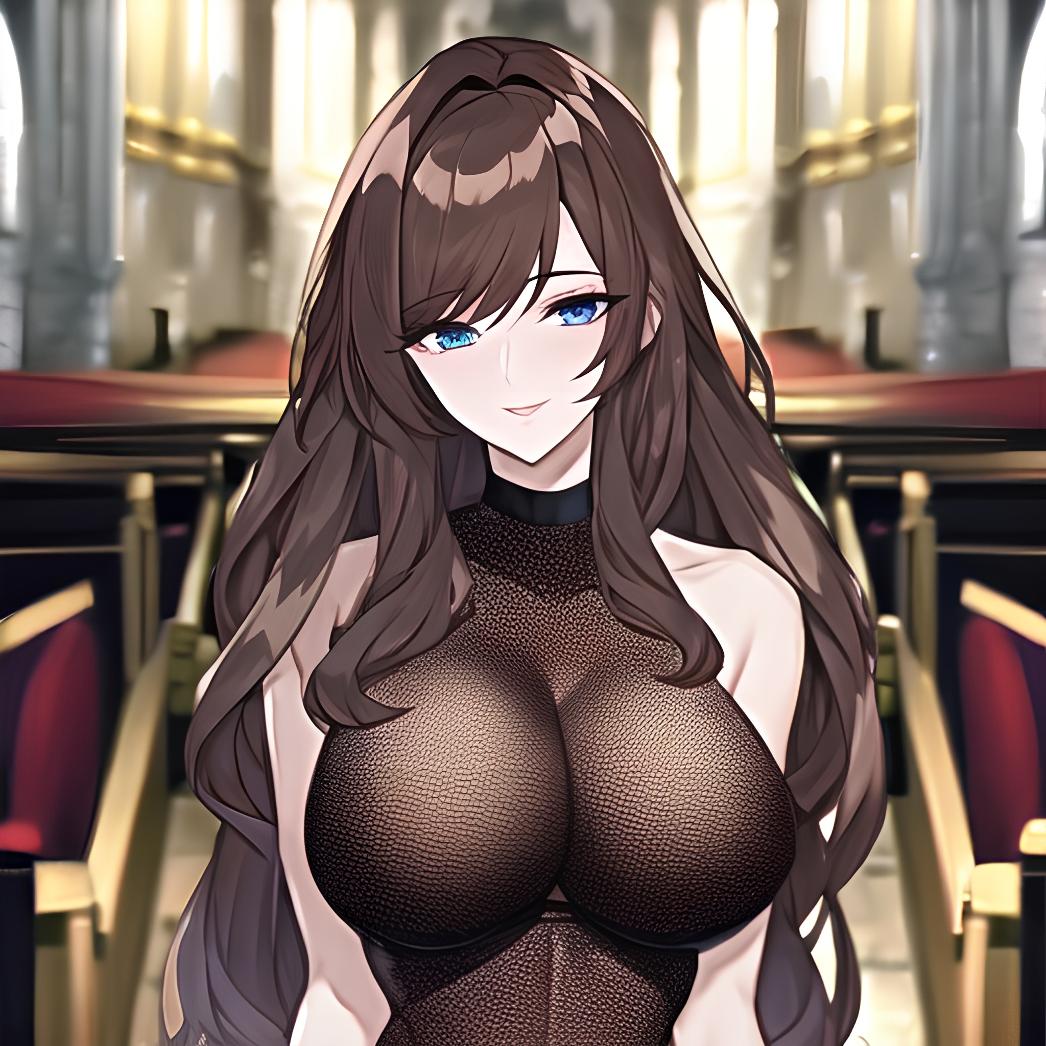 woman church messy hair fishnet long hair brunette 