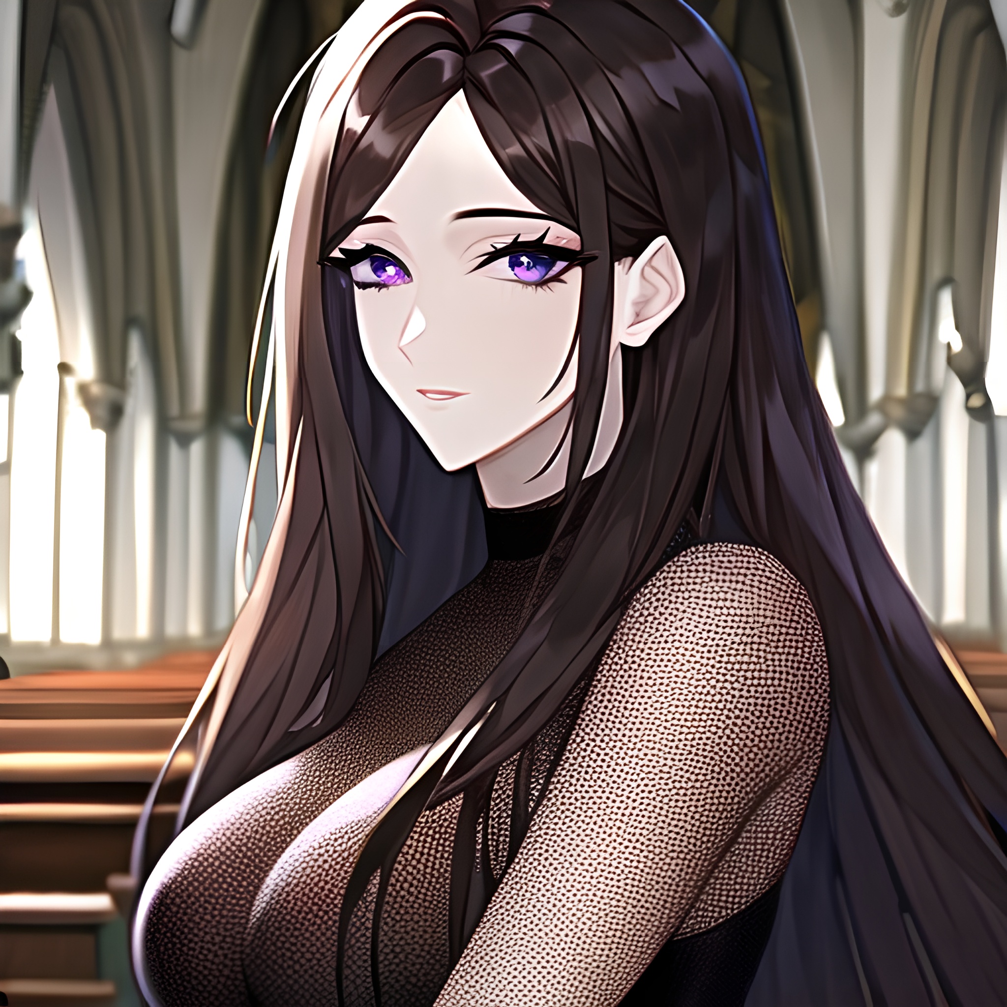 woman church messy hair fishnet long hair brunette 