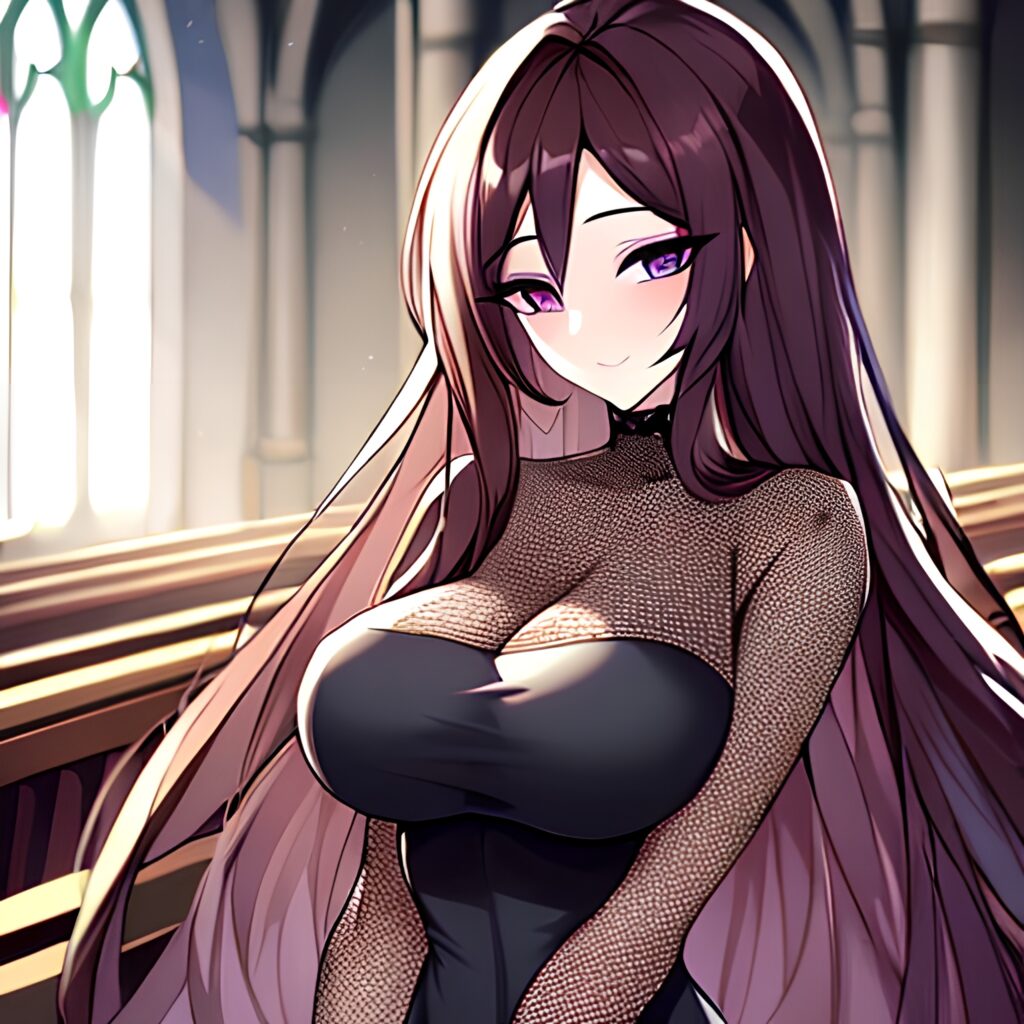 woman church messy hair long hair brunette fishnet 