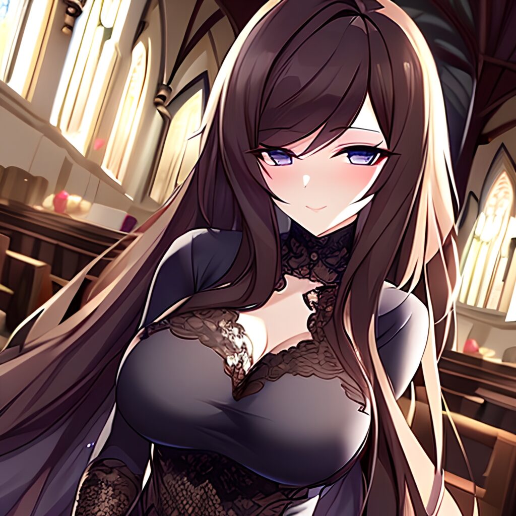 woman church messy hair long hair brunette fishnet