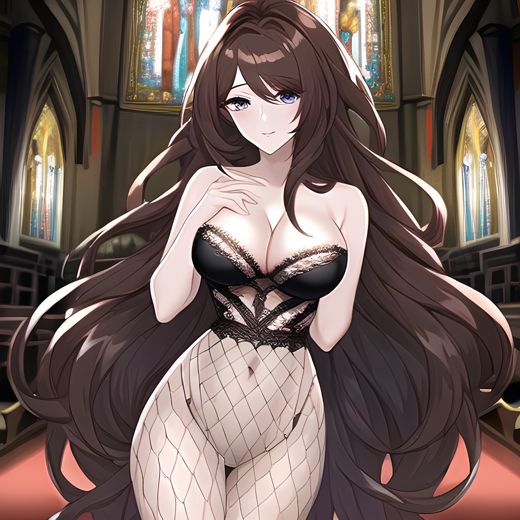 woman church messy hair long hair brunette fishnet 